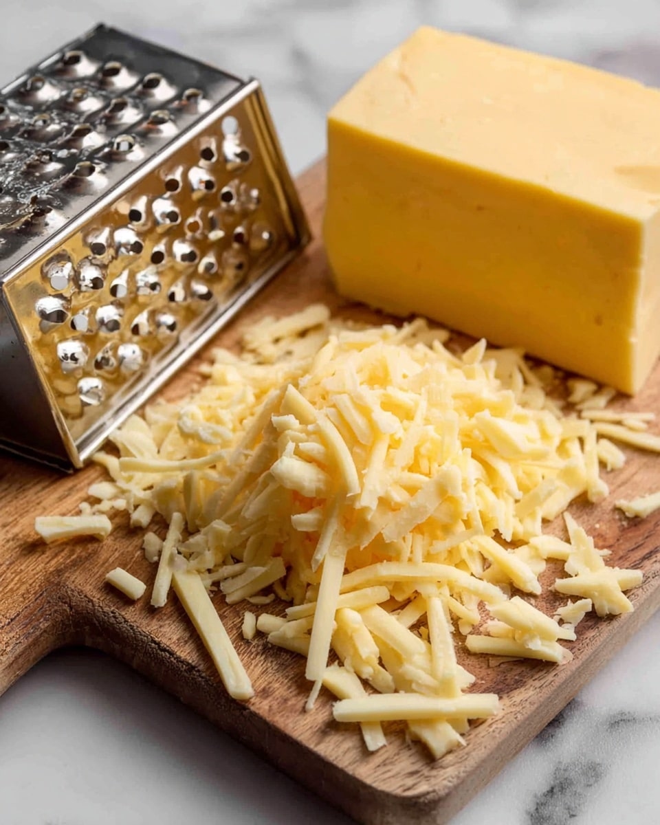 The image shows a wooden board on a white marbled surface with a block of yellow cheese on the right side and a pile of shredded yellow cheese in front of it. A metal grater with a shiny surface is leaning on the board on the left side, and some cheese strands are caught in the grater holes. The cheese strands vary in length and thickness, with a smooth texture and a light yellow color. Photo taken with an iphone --ar 4:5 --v 7