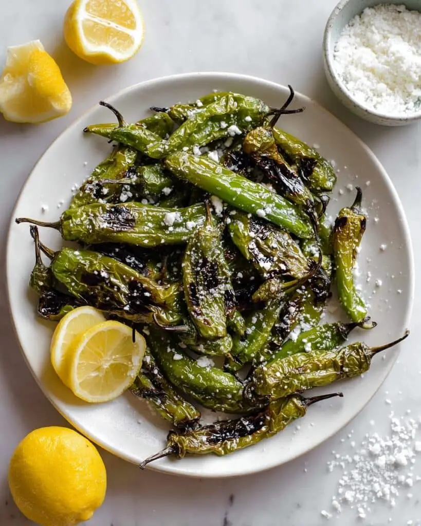 Grilled Shishito Peppers with Lemon, Cotija, and Flaked Salt Recipe