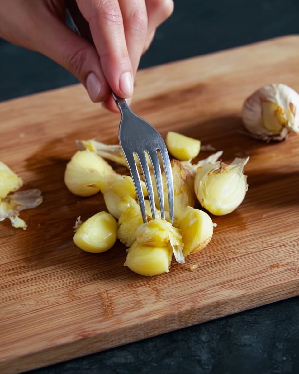 A close-up of a woman's hand holding a fork while mashing small yellowish, soft bulbs on a wooden cutting board, with several bulbs scattered around. The bulbs have a smooth, pale yellow outer layer and a slightly moist, fibrous inside. The background shows a dark surface contrasting with the wooden board. Photo taken with an iphone --ar 4:5 --v 7