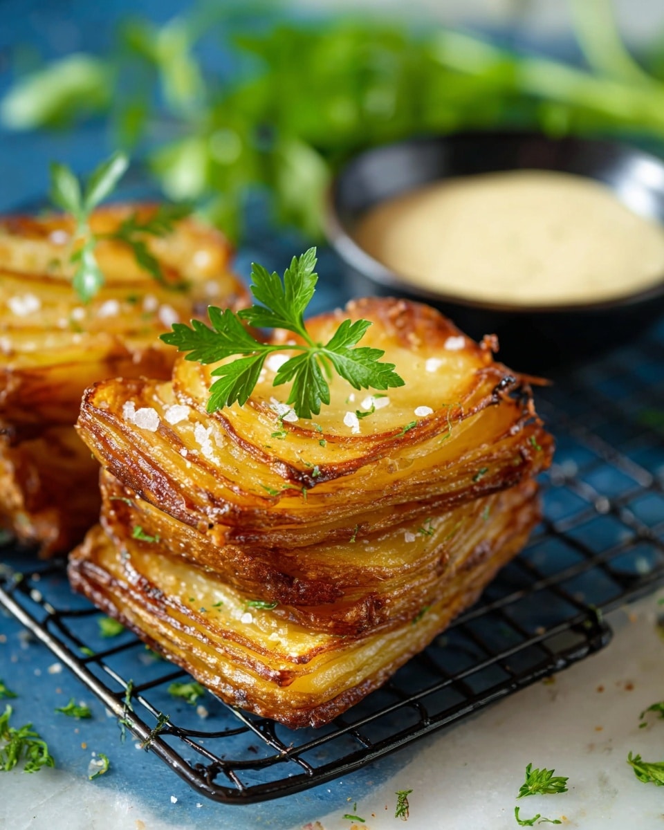Three golden brown roasted potato pieces with a slightly crisp, textured surface sprinkled with coarse salt are placed on fresh green lettuce leaves. To the right, a small black cast iron pan with a wooden handle holds a red dipping sauce. The food rests on a round black plate set on a white marbled surface. Photo taken with an iphone --ar 4:5 --v 7