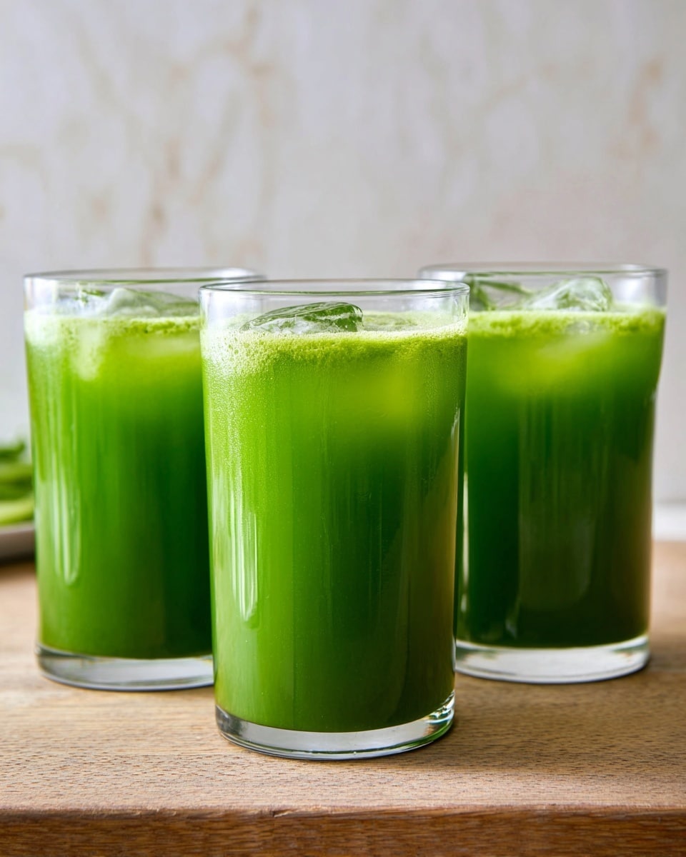 The image shows three clear glasses filled with a bright green juice, each glass containing ice cubes near the top. The juice has a slightly frothy layer on its surface, and the texture looks smooth and fresh. The three glasses are placed side by side on a wooden surface, with a soft white marbled background behind them. Light reflects gently off the glasses, highlighting their transparent quality and the vibrant green color of the juice. photo taken with an iphone --ar 4:5 --v 7