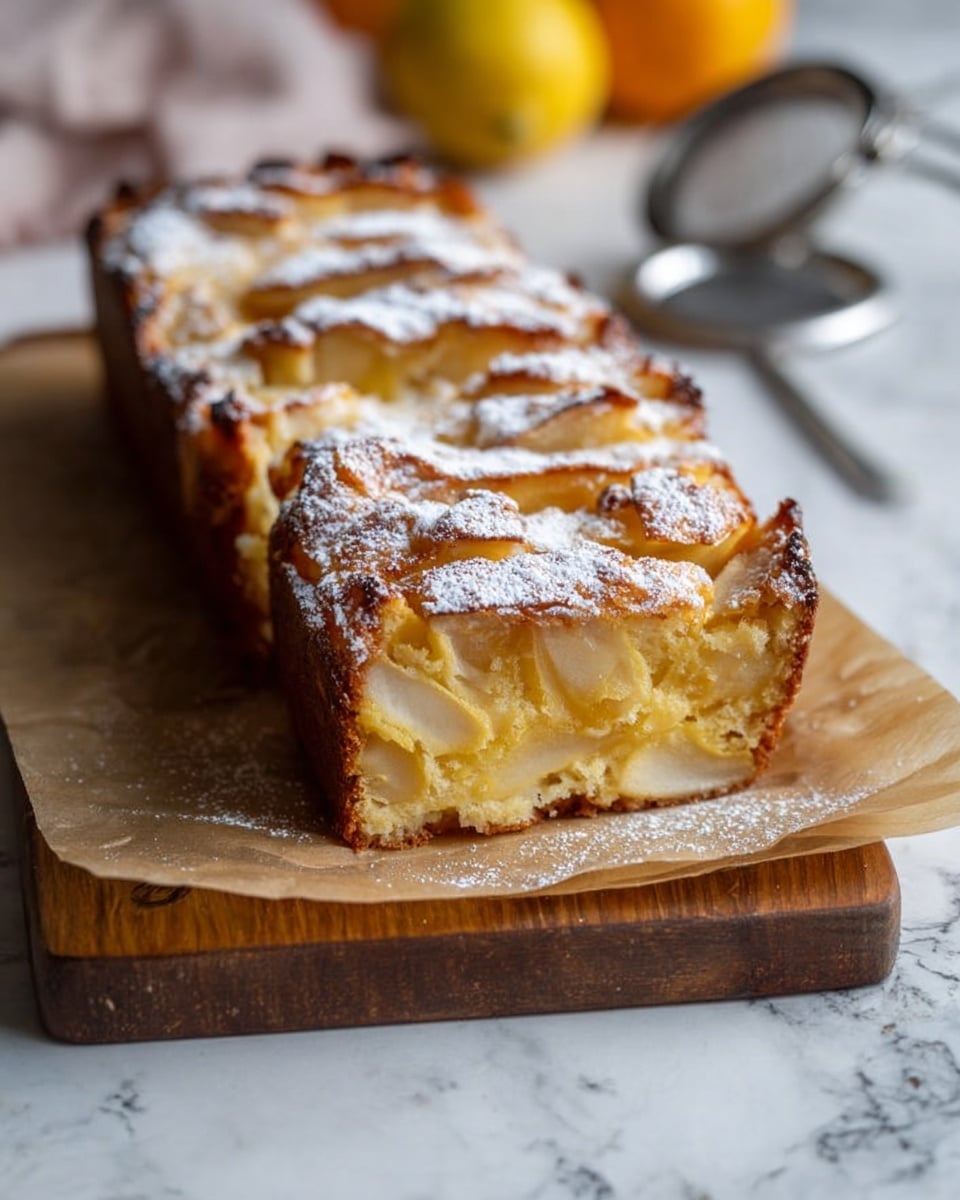 A rectangular loaf of apple cake rests on a wooden board lined with brown paper. The cake has two visible layers: the top layer is golden brown with a rough, bumpy texture from baked apple slices, dusted generously with white powdered sugar. The bottom layer is dense and creamy yellow with smooth apple pieces embedded inside. The loaf is sliced at the front showing the moist inside. The board and cake sit on a white marbled surface with blurred citrus fruits and a silver sifter in the background. Photo taken with an iphone --ar 4:5 --v 7