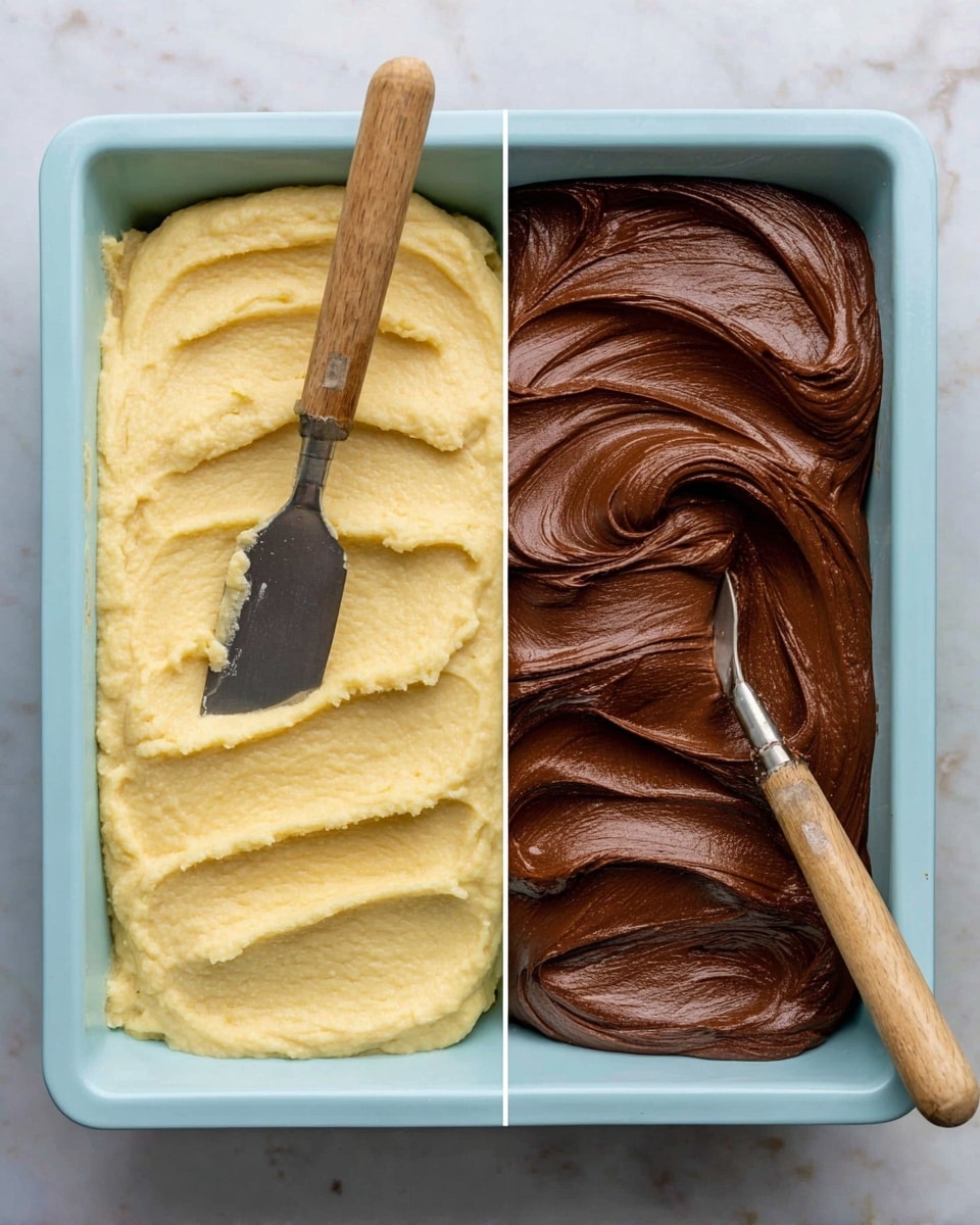 A loaf pan filled with a layer of pale, soft-looking dough, topped with a thick, shiny swirl of dark brown chocolate spread. The chocolate layer is smooth and glossy with visible swirls and folds, and a spoon is placed at the bottom right corner partially in the chocolate. The pan sits on a white marbled surface. photo taken with an iphone --ar 4:5 --v 7