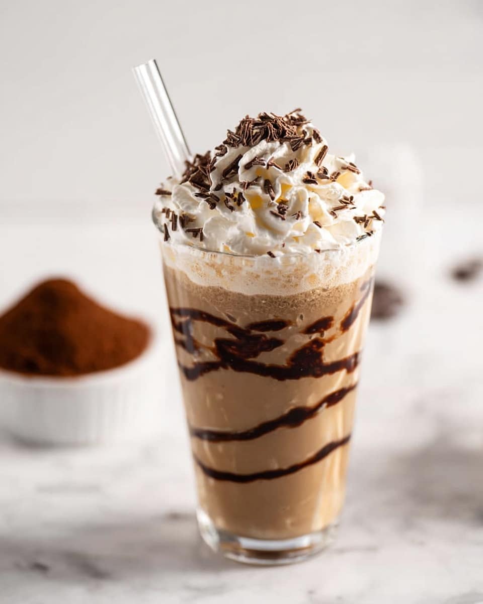 A tall clear glass holds a creamy light brown iced coffee drink with dark chocolate syrup lines swirling vertically inside the glass. On top, there is a big swirl of white whipped cream sprinkled with fine dark chocolate shavings. A clear glass straw is placed on the left side, angled inside the drink. The glass is set on a white marbled surface with a blurred small white bowl filled with cocoa powder in the background. Photo taken with an iphone --ar 4:5 --v 7