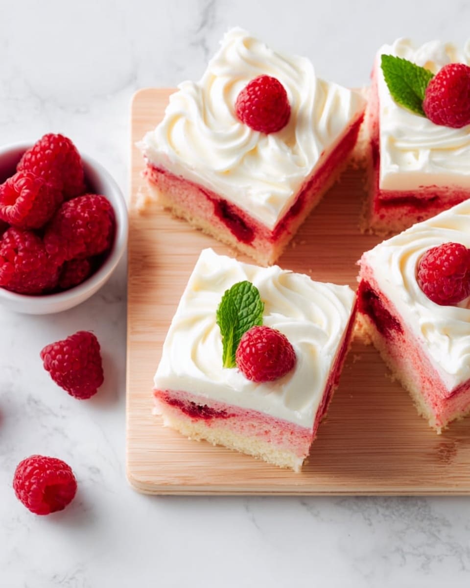 The image shows five square pieces of cake arranged on a light wooden board placed on a white marbled surface. Each cake piece has two layers: a pinkish-red moist cake base and a thick white cream layer on top with smooth swirls. Fresh red raspberries are placed on each cake piece, and one piece has a small green mint leaf alongside the raspberries. To the left of the board, there is a small white bowl filled with more fresh raspberries, and a single raspberry is lying on the white marbled surface nearby. The lighting is bright and natural, highlighting the texture of the cream and the freshness of the raspberries. photo taken with an iphone --ar 4:5 --v 7