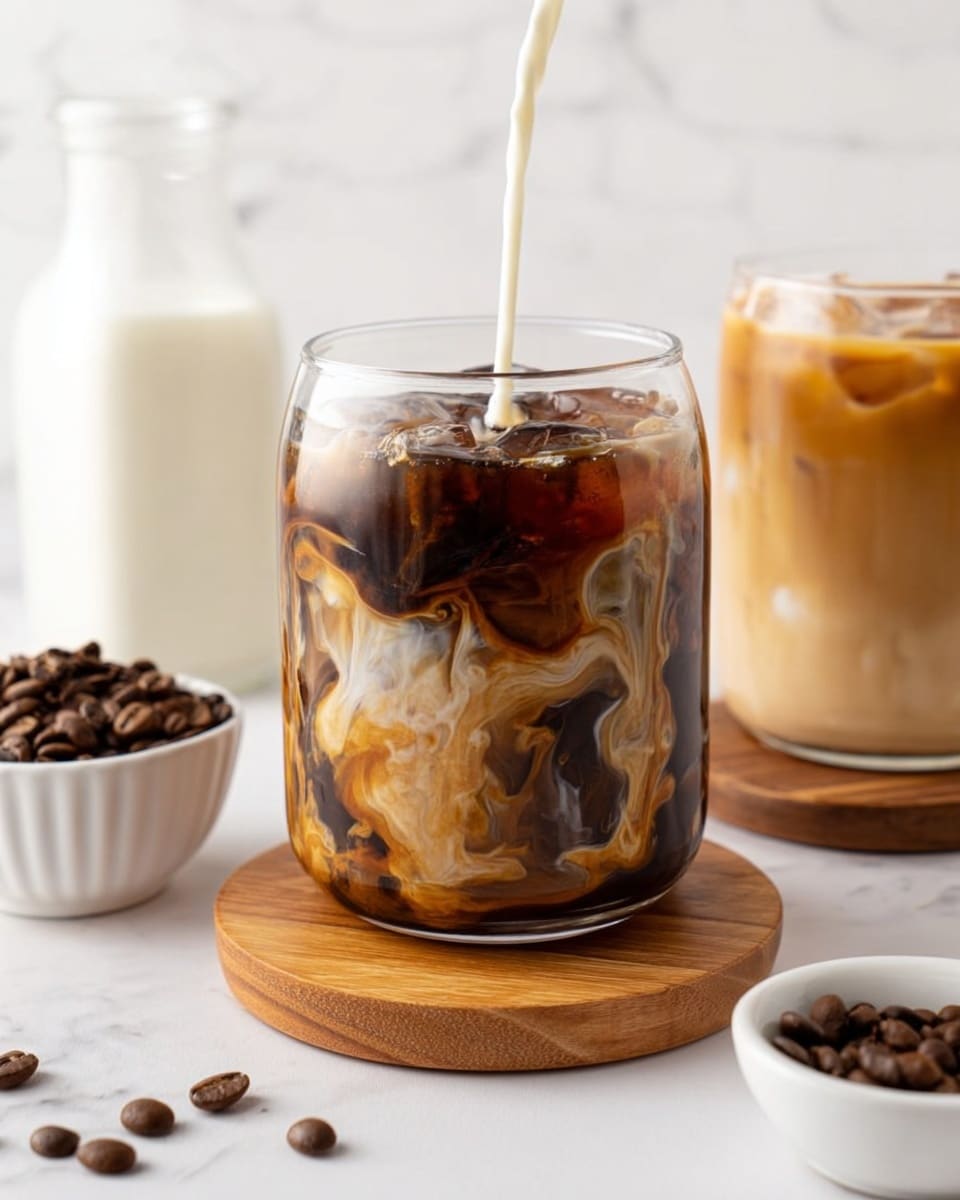 The image shows a clear glass filled with iced coffee on a round wooden coaster, placed on a white marbled surface. Inside the glass, there are dark coffee ice cubes at the bottom and middle layers, with creamy milk being poured in, creating swirling patterns of light brown, cream, and dark coffee colors mixing smoothly. To the left, there is a white bowl filled with coffee beans and a glass bottle of milk in the background. To the right, there is another glass of iced coffee with a uniform light brown color on a wooden coaster, and a small white bowl with coffee beans in the foreground. The background is plain white. Photo taken with an iphone --ar 4:5 --v 7