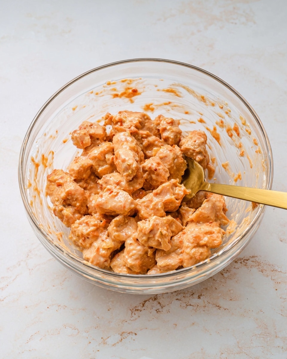 A clear glass bowl filled with small chunks of raw chicken coated in a light orange marinade, with a creamy texture binding the pieces together. The bowl sits on a white marbled surface. A golden metal spoon rests inside the bowl on the right side, partially covered with the marinade. The mixture has a slightly shiny and smooth appearance, and the bowl shows some splatters of the marinade around the inner sides. photo taken with an iphone --ar 4:5 --v 7