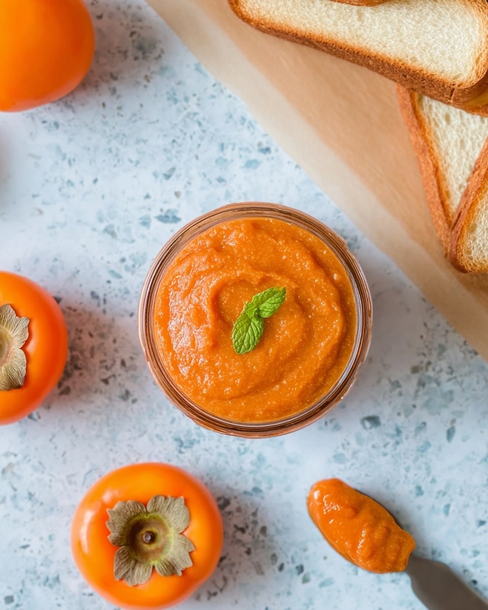 A clear glass jar filled with a smooth orange spread sits at the center, topped with a small green mint leaf on its left edge. Surrounding the jar are bright orange persimmons, one of which is cut in half showing its star-like seed pattern inside. To the upper right, some toasted white bread slices with the same orange spread are placed on a piece of parchment paper. At the lower right corner, a metallic knife holds a dollop of the orange spread. All items rest on a white marbled textured surface. photo taken with an iphone --ar 4:5 --v 7