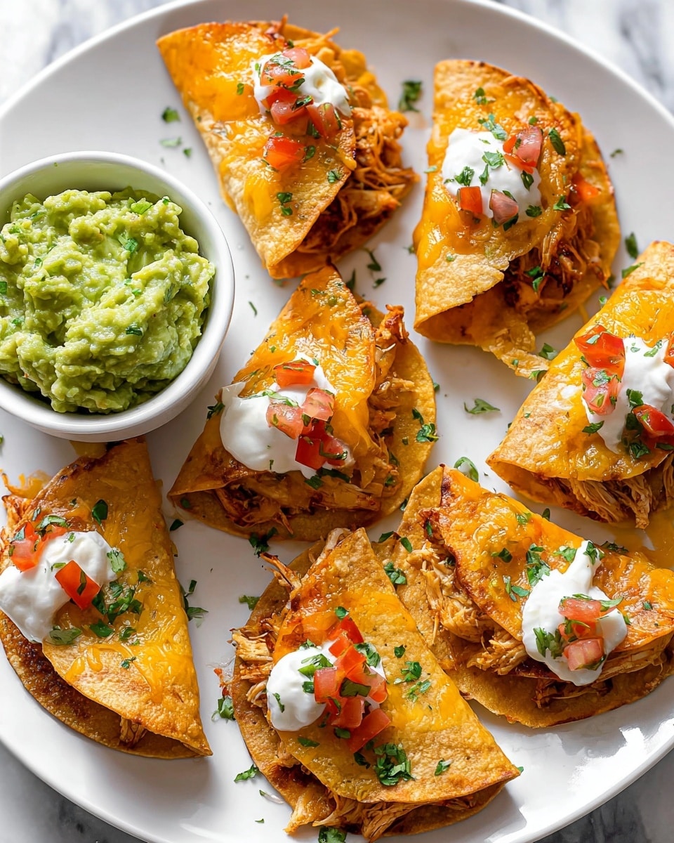 The image shows a white plate with seven small tacos arranged in a circular pattern on a white marbled surface. Each taco has one crispy, golden-brown tortilla folded over a layer of melted, bright orange cheddar cheese mixed with shredded cooked chicken. Some tacos are topped with a small dollop of white sour cream, red tomato chunks, and chopped green cilantro leaves. On the left side of the plate, there is a white bowl filled with smooth, green guacamole topped with small pieces of cilantro. The tacos have a slightly toasted texture around the edges, and some have a light sprinkle of chopped cilantro on top. photo taken with an iphone --ar 4:5 --v 7