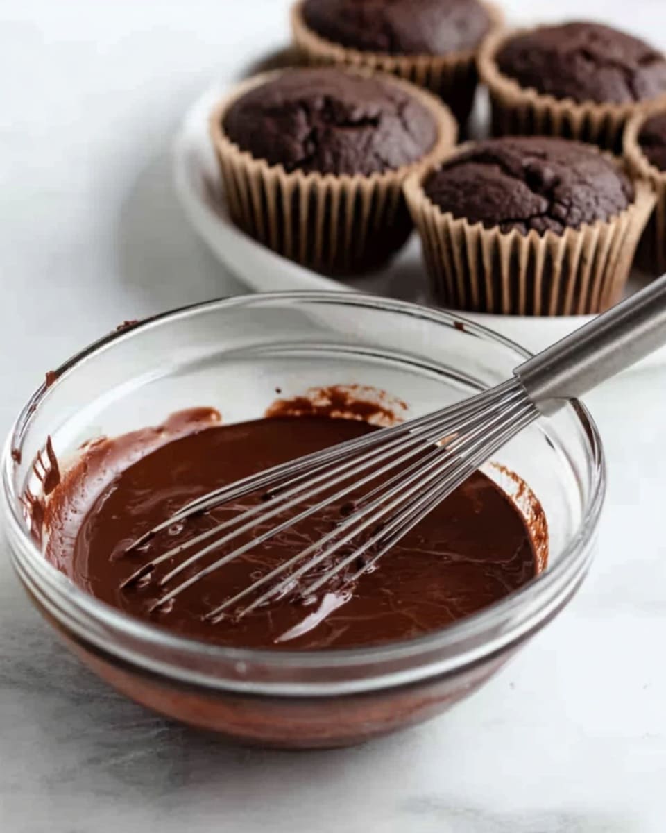 A clear glass bowl is filled with smooth, dark brown chocolate mixture with a wire whisk resting inside, coated in the mixture. Behind the bowl, there is a white plate holding dark brown chocolate muffins in brown paper liners, slightly cracked on top. The scene sits on a white marbled surface giving a clean, bright background. photo taken with an iphone --ar 4:5 --v 7