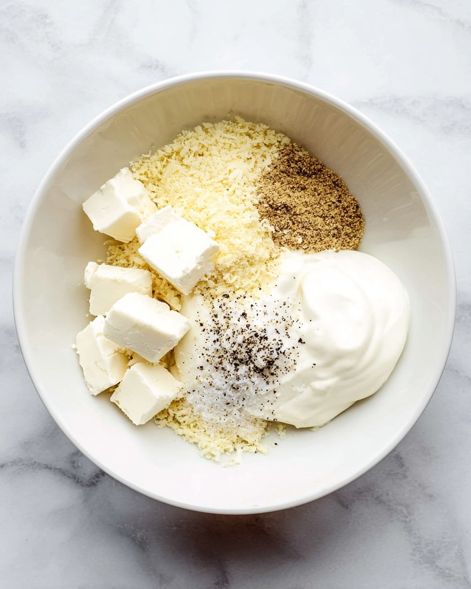 In a white bowl on a white marbled surface, there are five separate ingredient layers arranged without mixing: on the left, small white blocks of cream cheese; below that, a pile of fine, pale yellow grated cheese with a soft texture; next to the cheese, a small mound of light brown seasoning powder; to the right, a large smooth dollop of white sour cream; sprinkled on top of the sour cream are small amounts of coarse white salt and cracked black pepper. The bowl is viewed from above, showing clear texture differences in the creamy and granular ingredients photo taken with an iphone --ar 4:5 --v 7