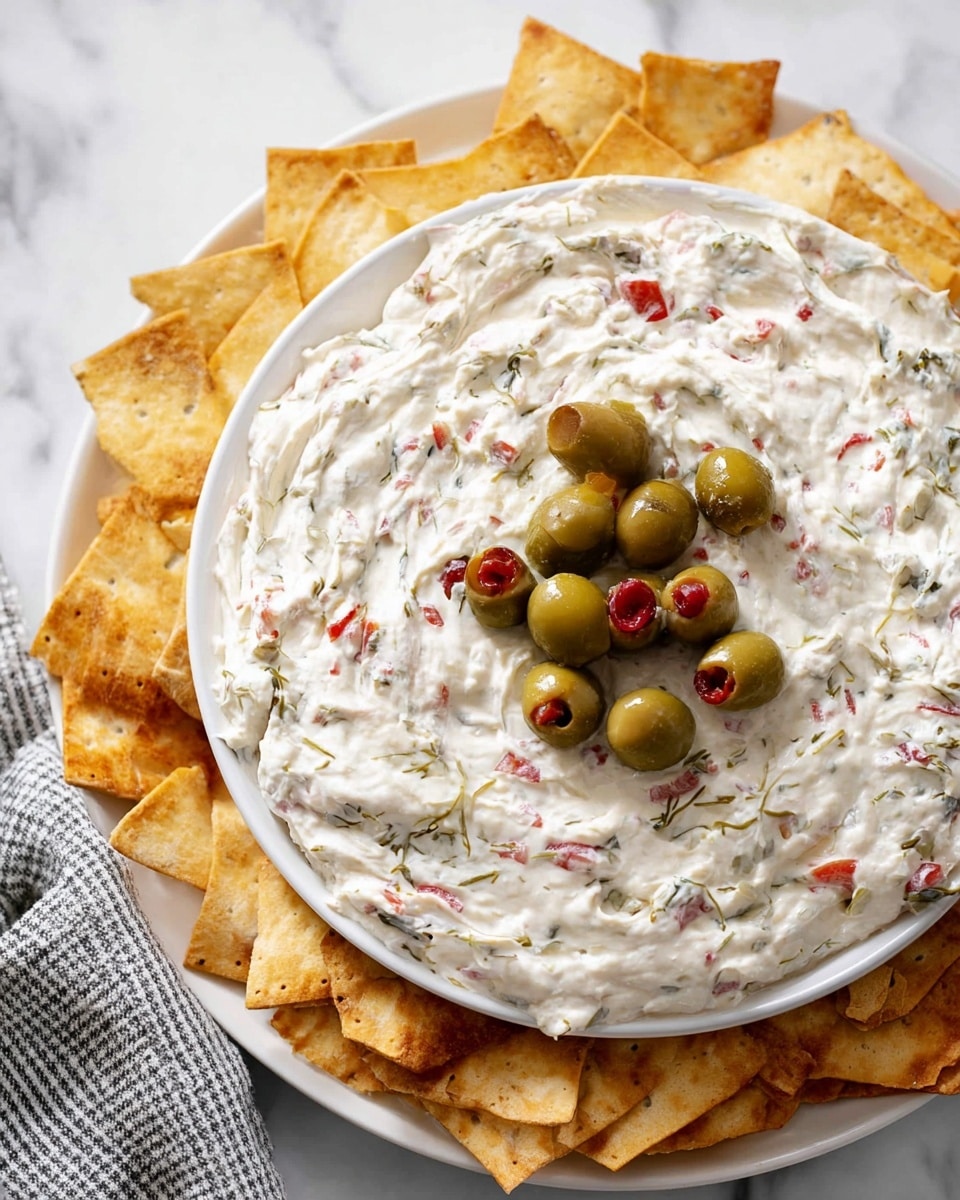 A white round plate with a thick layer of creamy white dip mixed with small bits of red and green, swirled to create texture, topped with a cluster of green olives stuffed with red pimentos in the center, all placed on a white marbled surface. Around the plate, there is a layer of light golden-brown toasted pita chips arranged closely together. A gray and white checkered cloth is partially visible near the bottom left corner. photo taken with an iphone --ar 4:5 --v 7