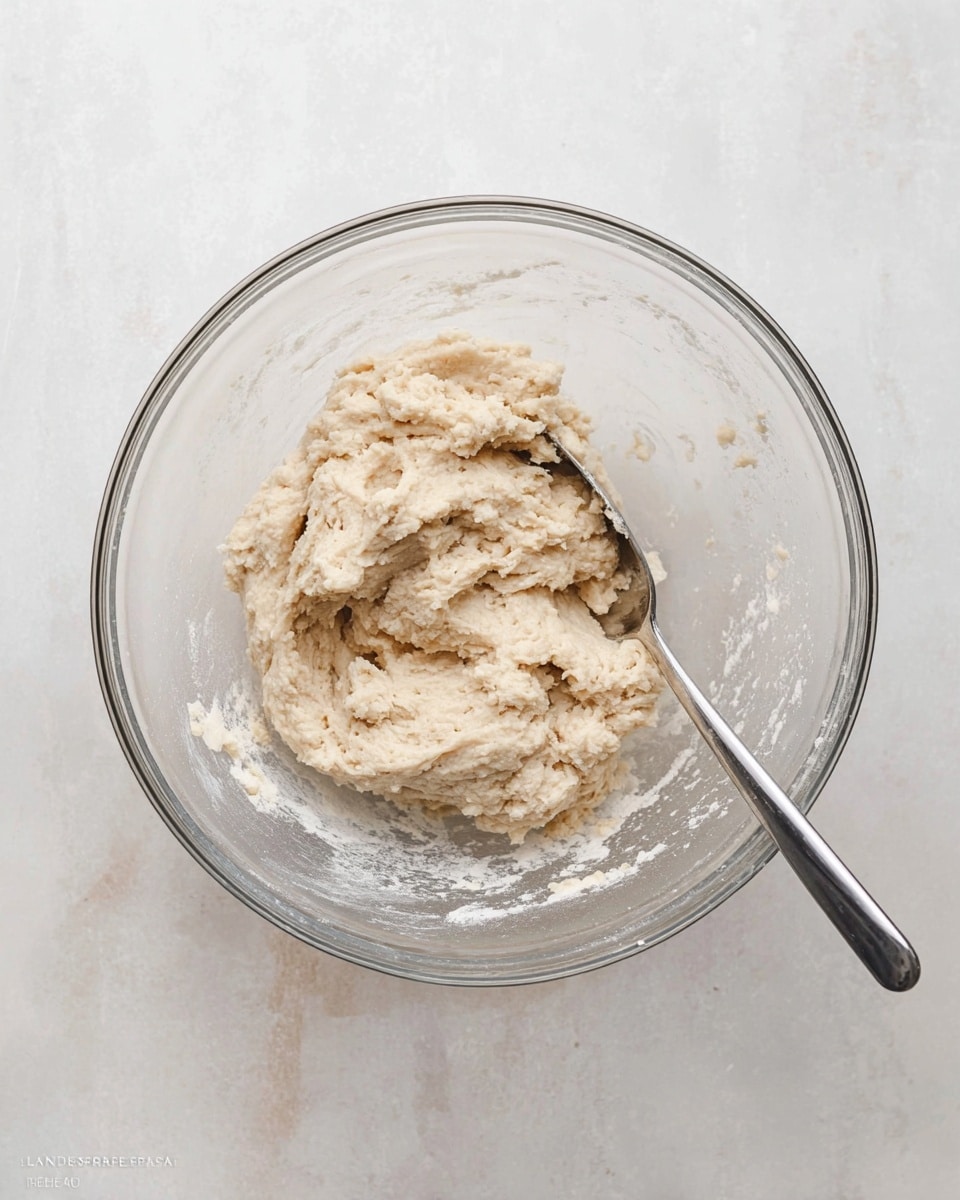 A clear glass bowl sits on a white marbled surface, filled with a thick, pale beige dough that looks soft and slightly sticky. The dough has small darker specks mixed in, giving it a slightly textured appearance. A shiny metal spoon is partially buried in the dough, with its handle resting on the edge of the bowl on the right side. The bowl is simple and round, showing some flour residue around its sides. photo taken with an iphone --ar 4:5 --v 7