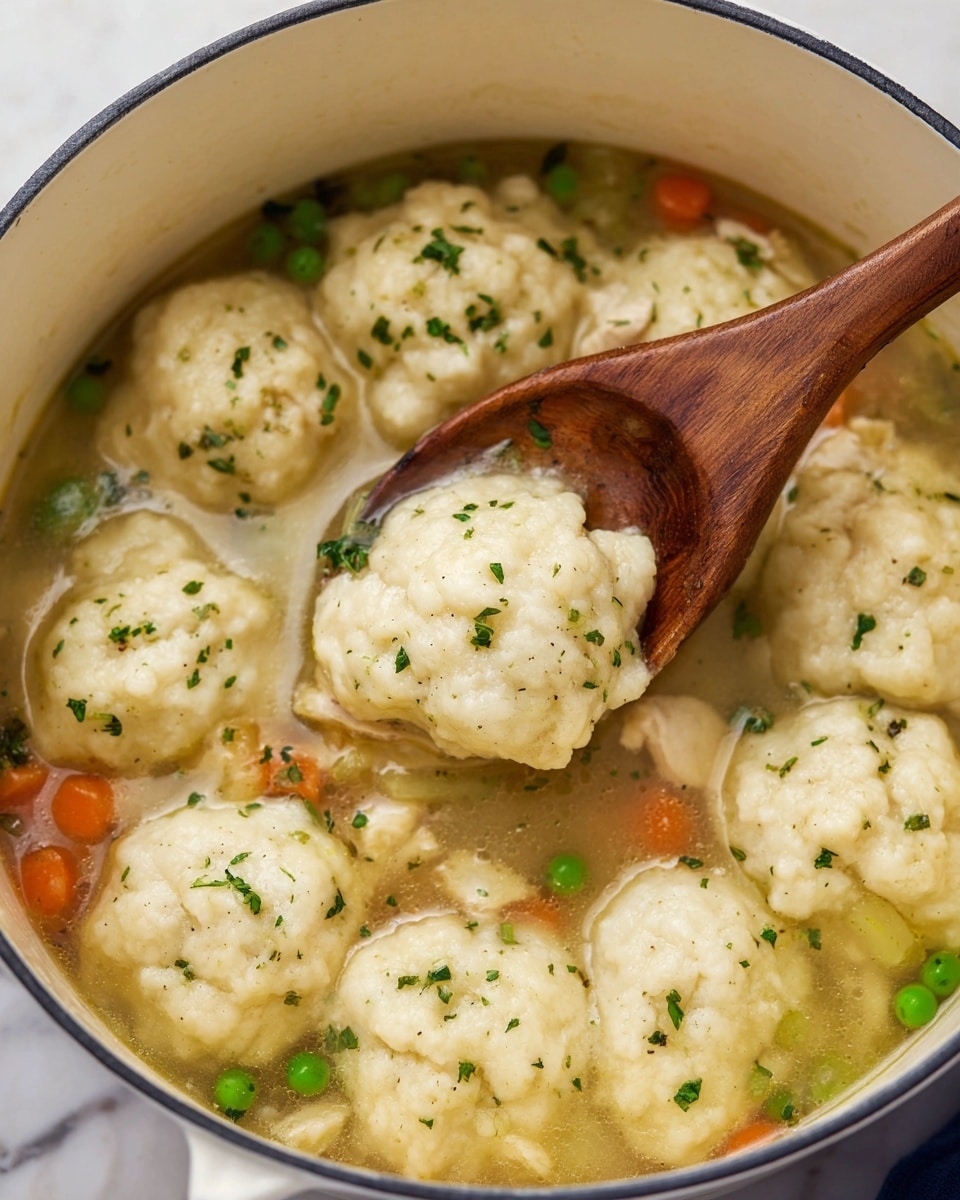 This is a close-up view of a white pot filled with a soup that has light beige, soft, and fluffy dumplings floating on top. There are about eleven dumplings visible, each sprinkled with small green herb bits. Below and around the dumplings, a clear broth can be seen with chopped pieces of white meat, bright orange carrot slices, and green peas. A wooden spoon is lifting two dumplings in the center of the pot, showing their light, airy texture. The pot sits on a white marbled surface. photo taken with an iphone --ar 4:5 --v 7