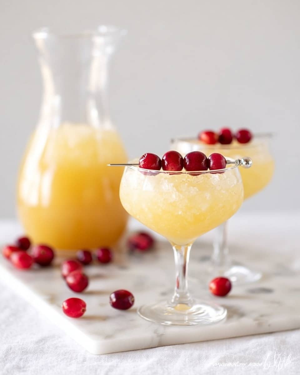 The image shows a white marble surface with two clear, round coupe glasses filled with a light yellow crushed ice drink. Each glass has a smooth, thin stem and a wide rim, with one glass closer in focus decorated with a small skewer of three fresh red cranberries resting on the edge. In the background, there is a clear glass pitcher filled with the same yellow drink. Several loose red cranberries are scattered around the glasses on the marble surface, adding a pop of color. The setting is bright with soft, natural light and a plain white background. photo taken with an iphone --ar 4:5 --v 7