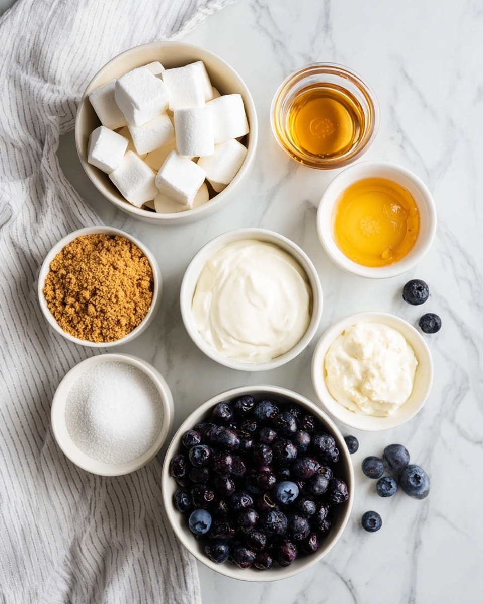 The image shows seven small white bowls arranged on a white marbled surface, each containing different ingredients: the top center bowl has white cubes of marshmallows, the top right small bowl holds golden honey, the middle center bowl contains thick white cream, the middle left bowl is filled with white granulated sugar, the bottom left bowl has light brown crumbly graham cracker crumbs, the bottom center bowl is filled with plump dark blueberries, and the top right slightly larger bowl on a white striped cloth holds many dark blueberries, with a few scattered around. Photo taken with an iphone --ar 4:5 --v 7