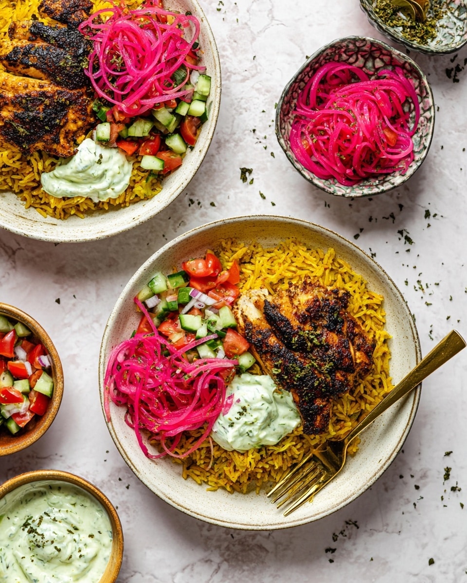 The image shows two white shallow bowls each layered with a base of golden yellow spiced rice, topped with a piece of dark-charred grilled chicken marked by crispy edges. On one side of the chicken, there are thin bright pink pickled onion spirals scattered across the top. A dollop of creamy light green sauce is placed near the chicken on the rice. Adjacent to the rice in both bowls is a fresh mix of diced cucumbers, tomatoes, and red onions in small cubes, adding pops of green, red, and purple color. A brass fork rests inside the bowl in the foreground. Surrounding the bowls on the white marbled background are small bowls with extra fresh diced salad, creamy sauce with a spoon, and bright pink pickled onions. Small sprinkles of green herbs are scattered across the rice and surface for garnish photo taken with an iphone --ar 4:5 --v 7
