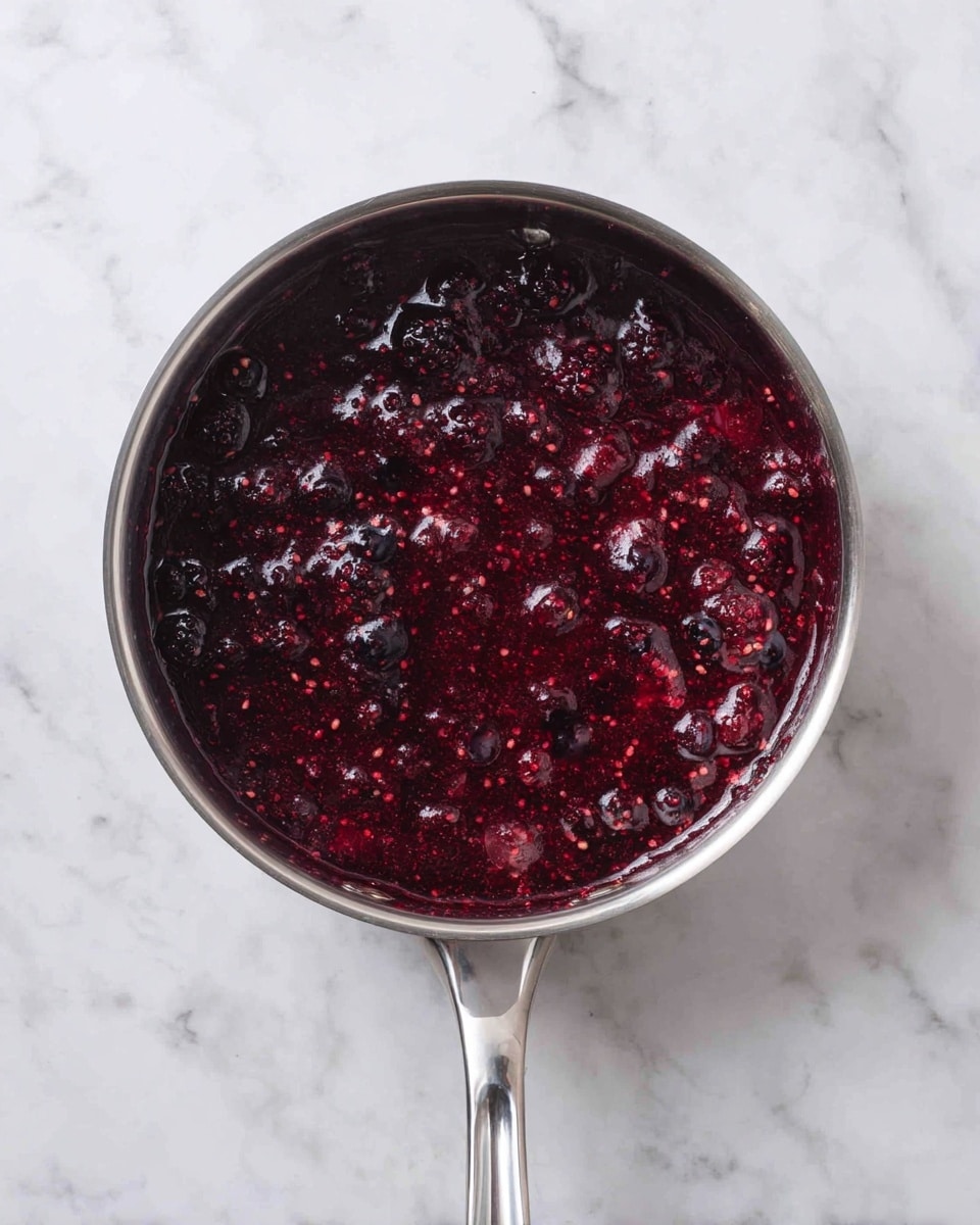 This image shows a shiny silver saucepan filled with a thick, dark red berry sauce. The sauce has a glossy texture with visible whole and crushed berries, including blueberries and raspberries, giving it a mix of deep purple, bright red, and black colors. The sauce appears chunky with some small seeds scattered throughout. The saucepan sits on a white marbled surface, and the bright light highlights the rich color and texture of the sauce. photo taken with an iphone --ar 4:5 --v 7