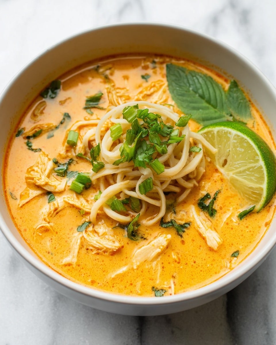A white bowl filled with creamy orange soup with soft noodles and shredded light yellow chicken pieces mixed throughout. There are scattered green herbs, including chopped green onions and cilantro leaves, resting on top and floating in the soup. A bright green fresh spinach leaf lies near the center on top of the noodles. On the left side of the bowl, a wedge of lime with light green flesh and a thin darker green rind leans against the edge. The bowl sits on a white marbled surface, with the warm tones of the soup contrasting against the cool marble photo taken with an iphone --ar 4:5 --v 7