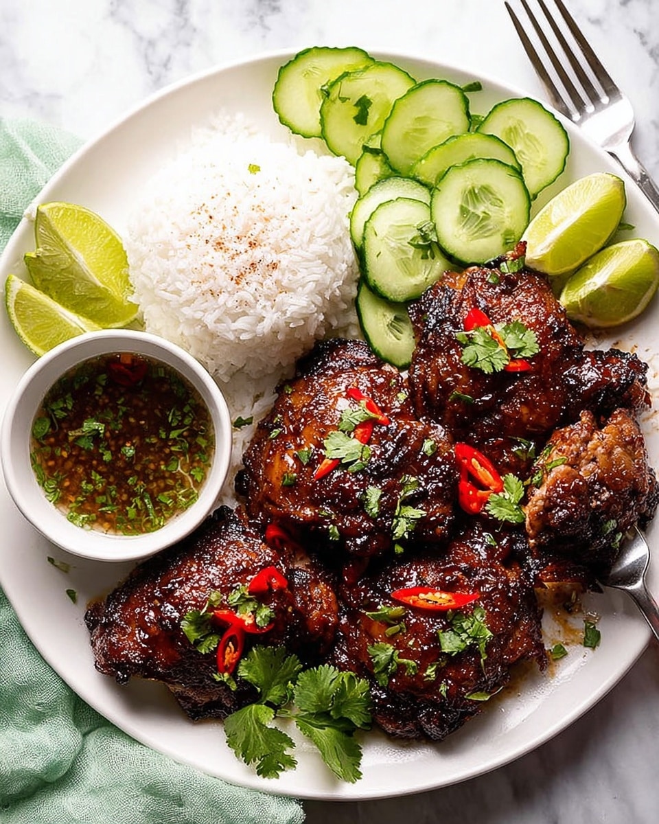 A white plate filled with six pieces of dark brown grilled chicken thighs layered at the bottom right, each piece shiny and coated with a glaze, sprinkled with small red chili slices and green cilantro leaves on top. At the top left of the plate is a mound of white rice with a light sprinkle of powder and a small pile of thinly sliced green cucumber arranged in a fan shape next to it. Three lime wedges are placed around the chicken, adding bright green accents. To the side of the plate, a small white bowl contains dipping sauce with herbs floating inside, and a fork with a piece of chicken in a woman's hand is dipping into it. The whole scene sits on a white marbled surface with a light green cloth visible near the plate. Photo taken with an iphone --ar 4:5 --v 7