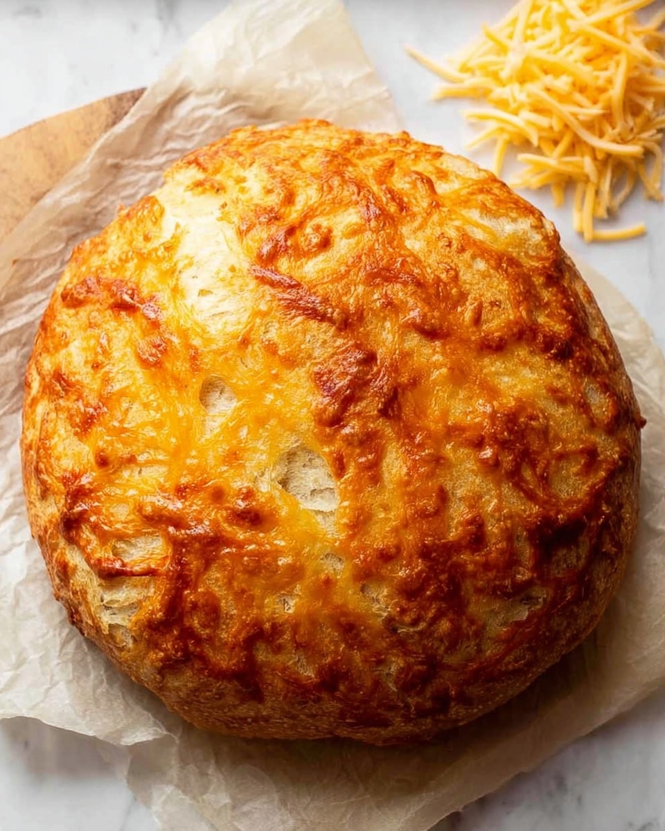 A round loaf of bread with a golden, crispy cheese crust on top. The cheese layer is melted and slightly browned, giving it a bubbly texture. The bread underneath is light and fluffy with a few cracks showing through the cheese. The loaf sits on white parchment paper, and to the top right, there is a small pile of shredded cheese. The background is a white marbled surface. Photo taken with an iphone --ar 4:5 --v 7