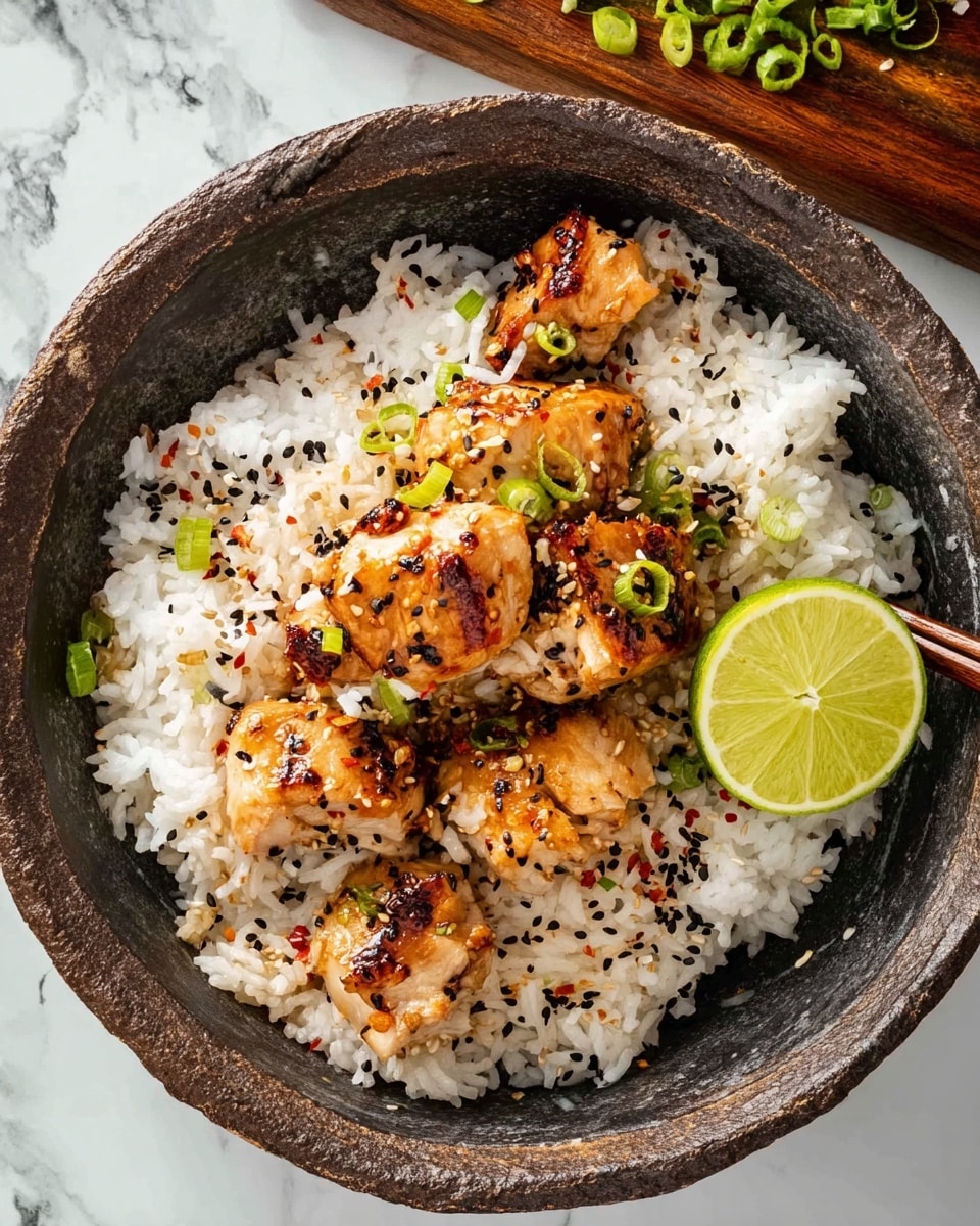 A rustic dark metal bowl holds a serving of white steamed rice, sprinkled with black and white sesame seeds and small bits of red chili flakes. On top of the rice are several pieces of grilled, golden-brown chicken with a slightly shiny glaze and small green onion pieces scattered over them. To the side of the chicken, a bright green lime wedge sits on the rice inside the bowl. The bowl rests on a white marbled surface, with part of a wooden serving board and green garnishes visible in the upper right corner. photo taken with an iphone --ar 4:5 --v 7
