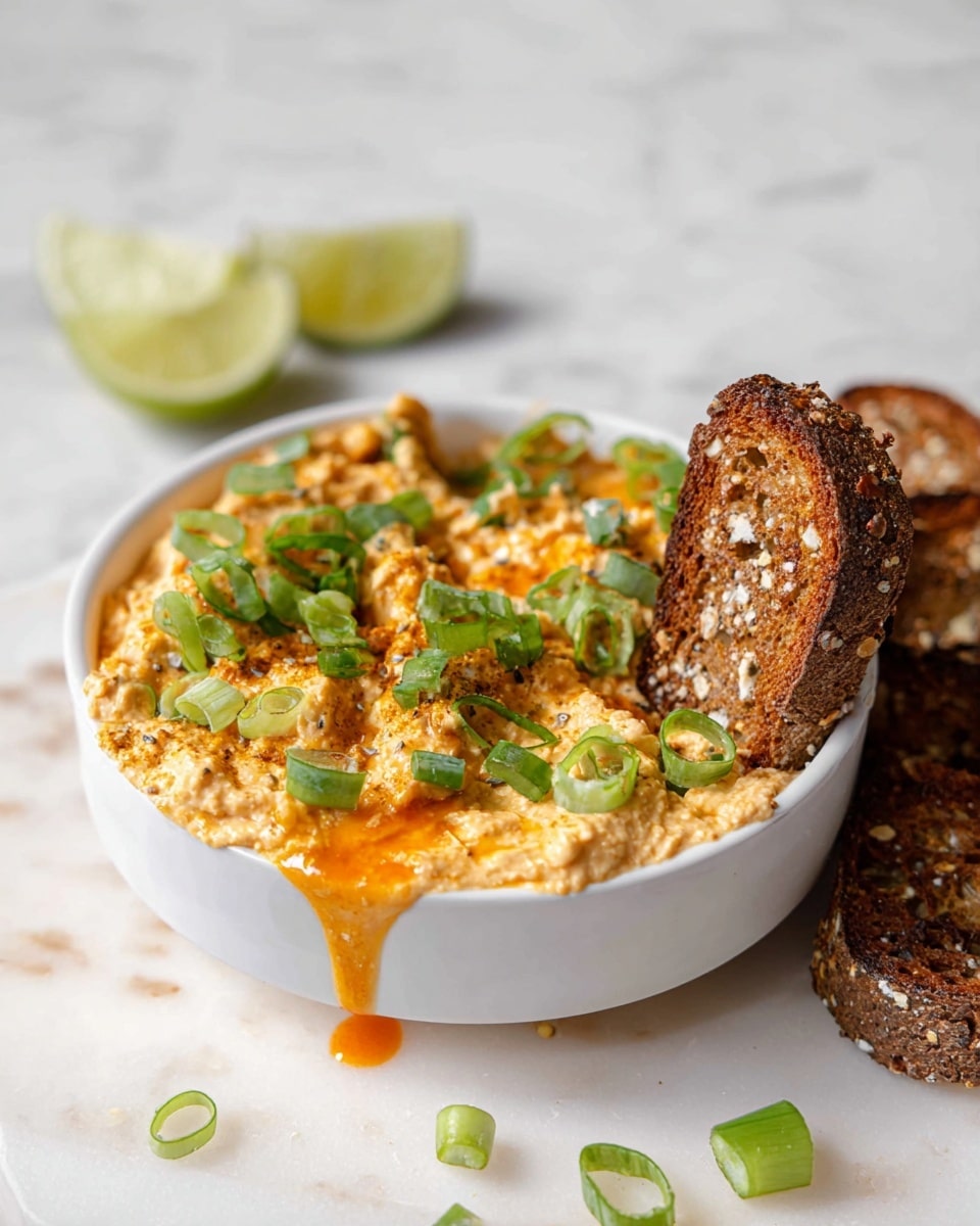 The image shows a white bowl filled with a creamy, light orange dip that has a slightly chunky texture and is topped with bright green sliced scallions scattered on top and around the bowl. There is a drizzle of an orange sauce over the dip that also drips down the side of the bowl. Next to the bowl, there are three pieces of dark seeded toast with a crunchy look, one of which is placed upright inside the dip. The bowl and toast sit on a white marbled surface with some lime wedges blurred in the background. Photo taken with an iphone --ar 4:5 --v 7