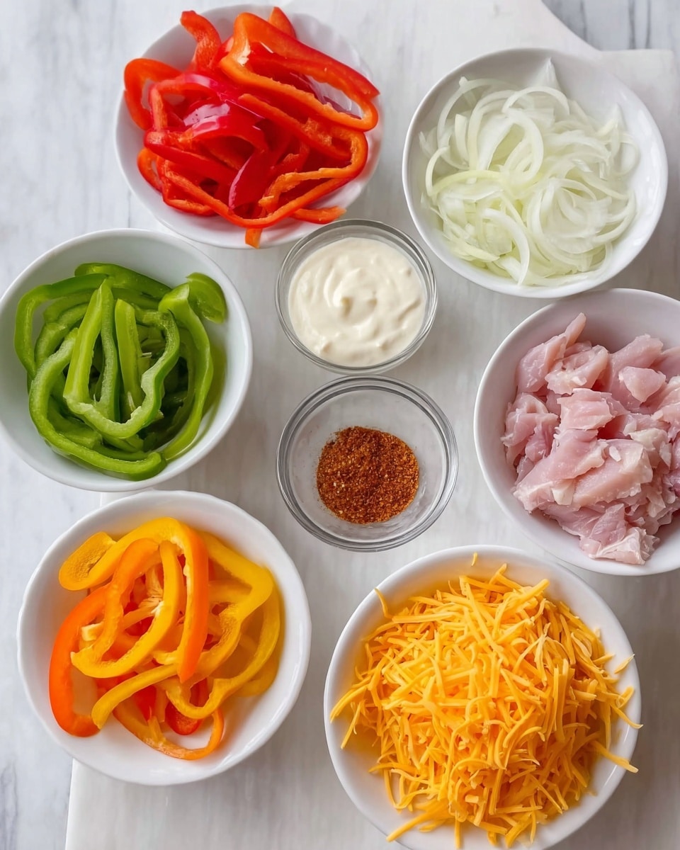 The image shows six white bowls and a white plate on a white marbled surface. The white plate holds four piles of thinly sliced bell peppers in red, orange, yellow, and green, arranged in separate sections. One white bowl contains thinly sliced white onions, while another bowl holds small pieces of raw pink chicken. A third white bowl is filled with shredded orange cheddar cheese. A small glass bowl in the center holds a reddish-brown spice mix, and another white bowl contains a smooth white creamy sauce. photo taken with an iphone --ar 4:5 --v 7