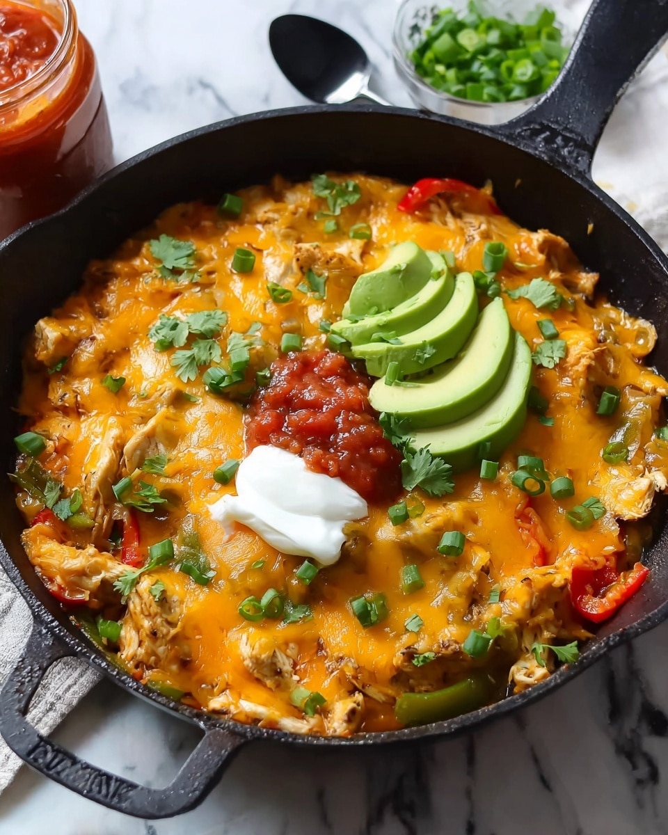 A black cast iron pan is filled with a layered dish starting with a base of cooked chicken and sliced green and red bell peppers, topped with melted bright orange cheddar cheese that covers the surface evenly. On top of the cheese, there are sliced avocado pieces arranged in a small fan shape placed near the center. Next to the avocado, a dollop of white sour cream sits slightly off-center, with a small spoonful of chunky red salsa beside it. The dish is garnished with chopped fresh green onions scattered on top and a few small cilantro leaves. The pan rests on a white marbled surface with a jar of salsa and a black spoon blurred in the background. Photo taken with an iphone --ar 4:5 --v 7