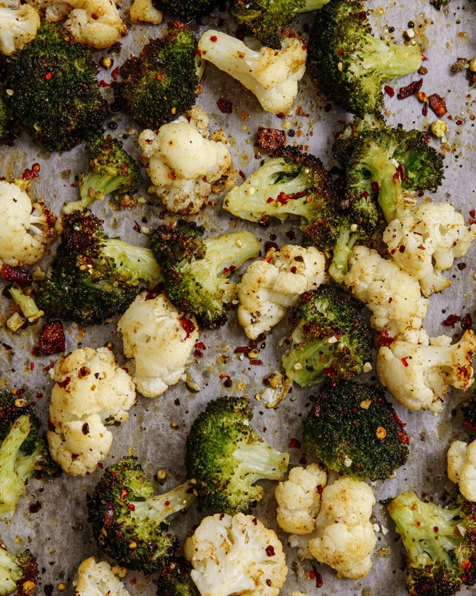 The image shows roasted broccoli and cauliflower florets scattered on a grey baking sheet. The broccoli pieces are dark green with some charred edges, showing a crispy texture, while the cauliflower pieces are light cream-colored with some brown spots from roasting. Both vegetables are seasoned with specks of herbs and red pepper flakes giving a textured look. The background has some crumbs and spice bits, adding to the rustic roasted feel. photo taken with an iphone --ar 4:5 --v 7