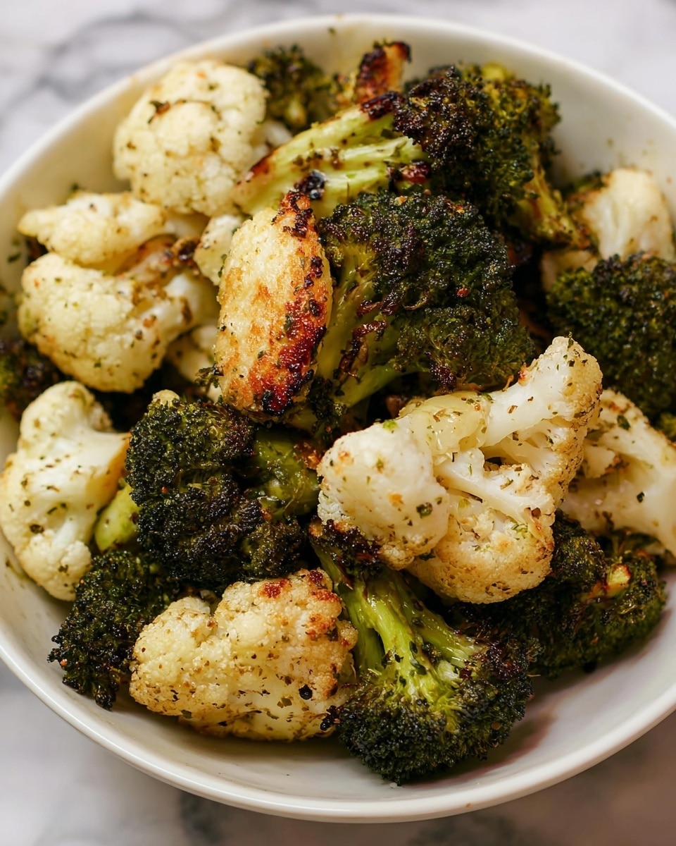 A white bowl is filled with roasted broccoli and cauliflower pieces. The broccoli florets are deep green with some charred spots, showing a roasted texture, while the cauliflower pieces are a pale creamy white with light browning and specks of herbs and seasoning spread evenly on them. The vegetables are mixed closely together, creating a contrast of colors and textures. The background features a white marbled texture. Photo taken with an iphone --ar 4:5 --v 7