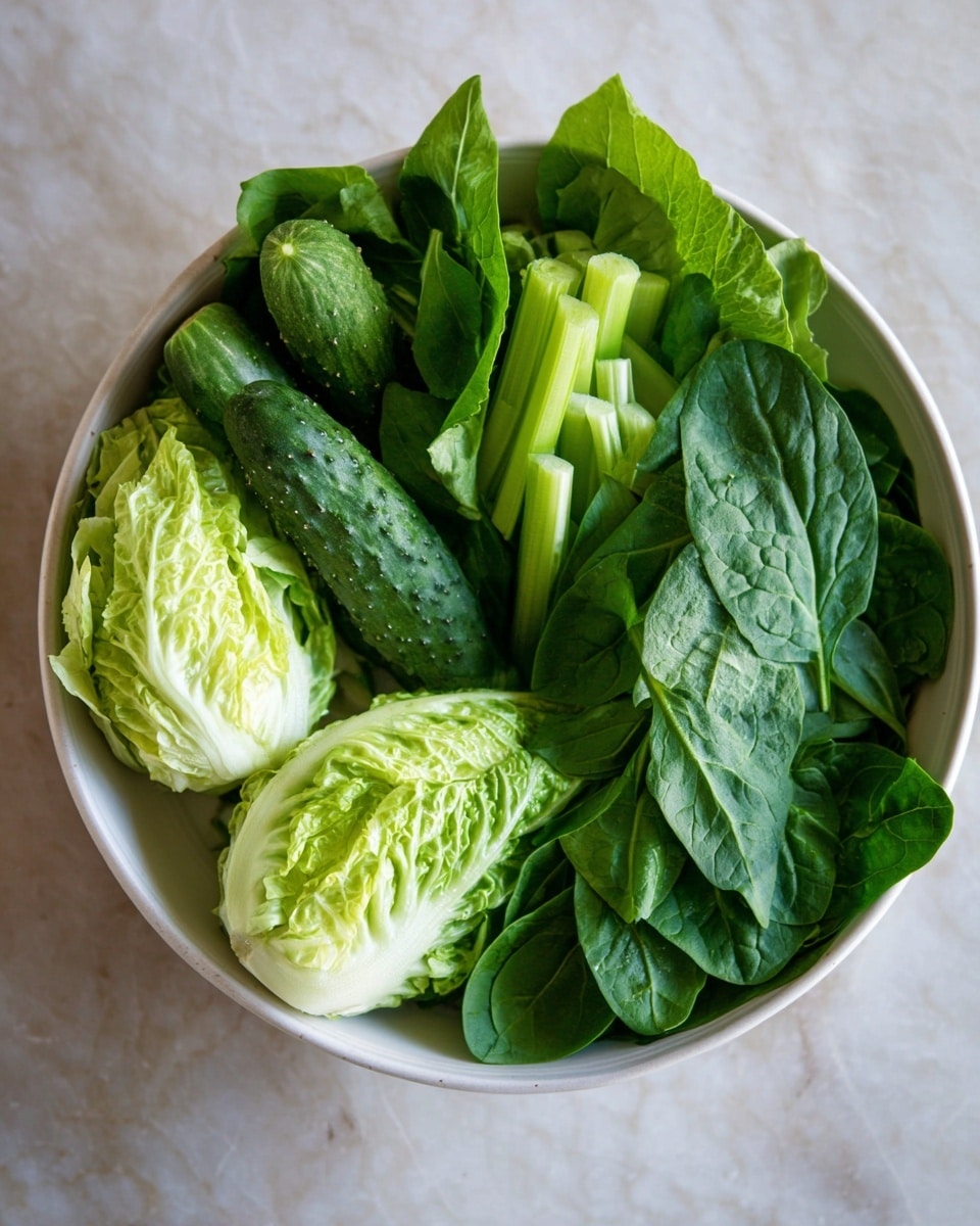 A white bowl is filled with fresh green vegetables arranged in layers. At the bottom, there are dark green spinach leaves with smooth, slightly curved textures. Above them, two pale green baby lettuce halves lie side by side, showing their crinkled and leafy layers. To the left, pale green celery stalks with leafy ends and two small dark green cucumbers are placed, adding more texture and color contrast. The bowl sits on a white marbled surface, creating a clean and fresh setting. Photo taken with an iphone --ar 4:5 --v 7