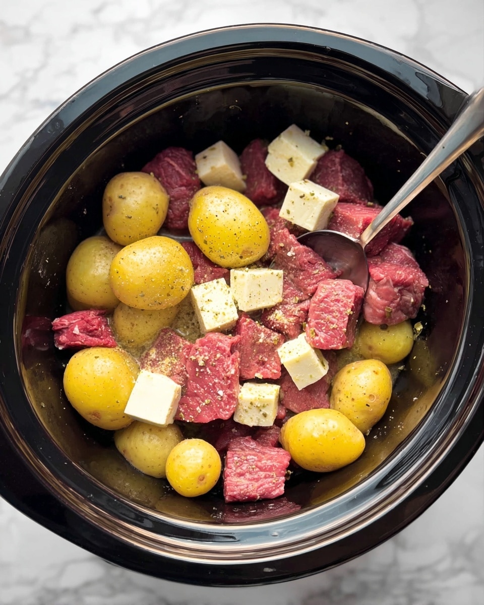 Inside a black slow cooker, there are three main layers of food. The bottom layer has pink raw beef cubes with some coarse seasoning visible. On top and mixed with the beef, there are small yellow potatoes, some whole and some in halves, showing a smooth skin texture. Scattered among the beef and potatoes are white cubes of what looks like tofu or cheese, with a firm texture and slightly browned edges. A silver spoon is partially pressing down on the ingredients from the right side. The cooker sits on a white marbled surface. photo taken with an iphone --ar 4:5 --v 7