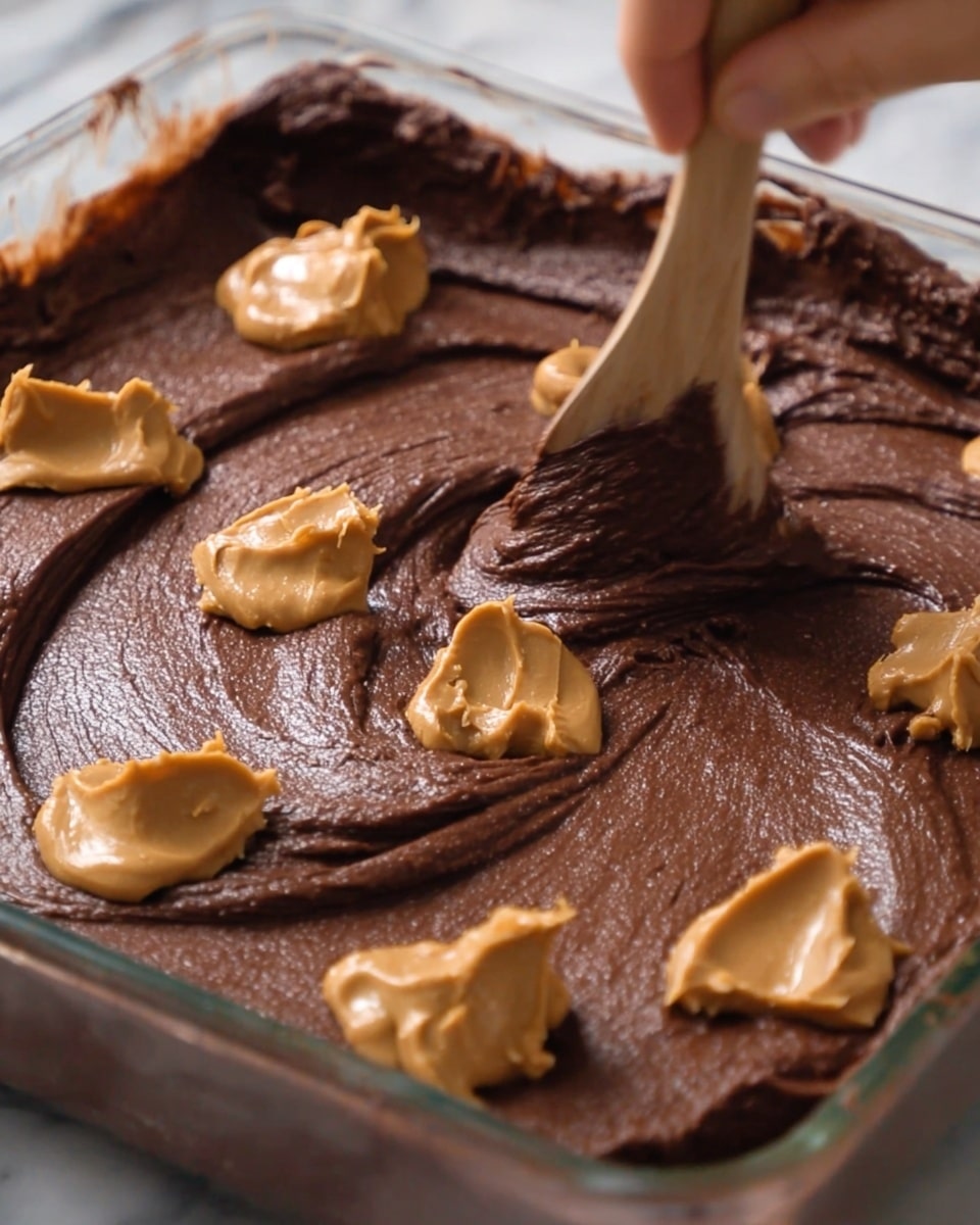 The image shows a close-up of a thick, smooth dark brown chocolate batter spread evenly in a clear glass baking dish. Several dollops of lighter tan peanut butter are placed on top of the chocolate layer, spaced out in different spots across the surface. A woman's hand holding a wooden spoon is in motion, starting to swirl the peanut butter into the chocolate batter, creating soft, blended swirls and curves. The background is a white marbled texture. photo taken with an iphone --ar 4:5 --v 7