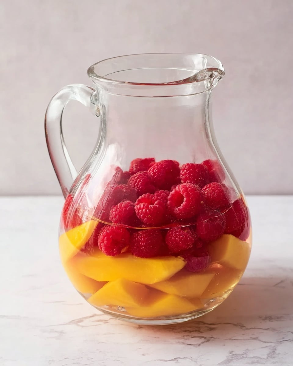 A clear glass jug filled with two layers of fruit is placed on a white marbled surface. The bottom layer is made up of peeled, thick slices of yellow mango, smooth and slightly shiny, covering the base. The top layer has bright red raspberries, fresh and plump, resting gently above the mango pieces. The jug’s transparent handle and spout add a simple elegance to the arrangement. photo taken with an iphone --ar 4:5 --v 7