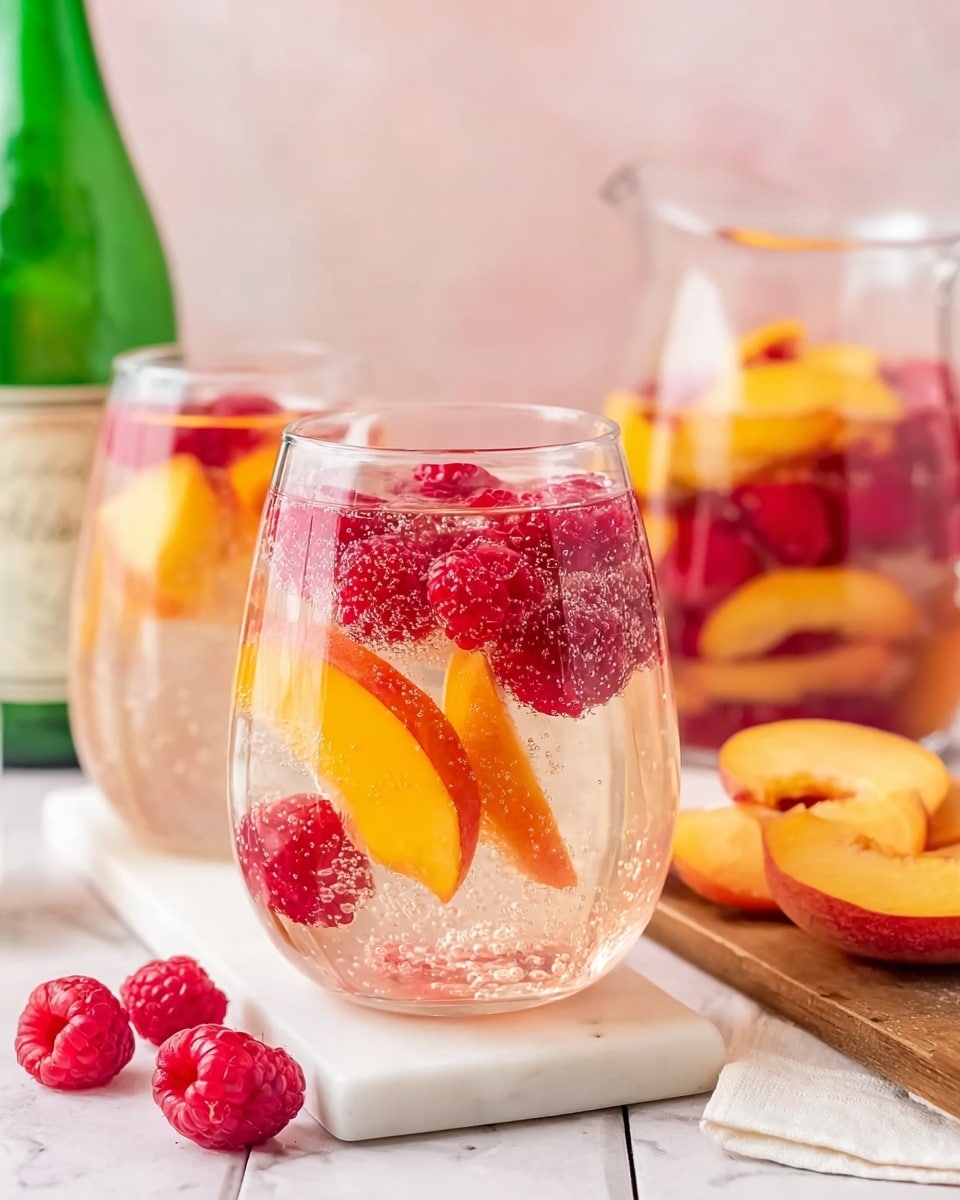 A clear glass filled with a light pink fizzy drink, with bright red raspberries and orange peach slices floating inside. More raspberries and peach slices are visible in a clear pitcher behind the glass, and another similar glass is partially seen on the right side. To the left, there is a green bottle with a light label. A few raspberries sit on a white marbled surface in front of the glass, and a wooden board with peach slices is on the right. The background features soft pink and white tones. Photo taken with an iphone --ar 4:5 --v 7
