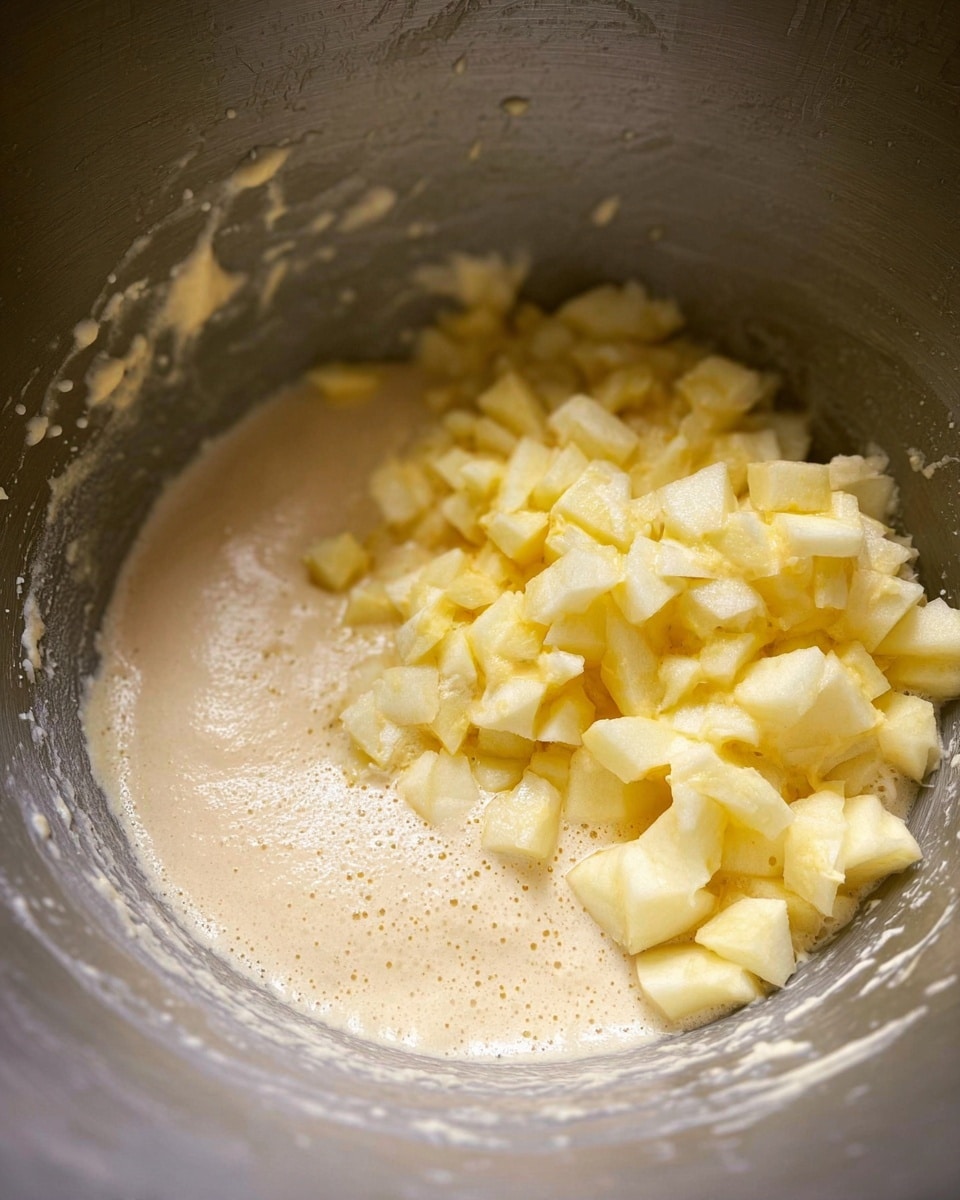 A close-up view inside a large silver mixing bowl shows two main layers: on the bottom is a smooth, light beige batter with a slightly foamy texture, and on one side, there is a pile of small, chopped pieces of pale yellow fruit, likely apples, with a soft, moist look. Some of the batter splashes are visible on the sides of the bowl, creating a slightly messy but fresh preparation scene. photo taken with an iphone --ar 4:5 --v 7