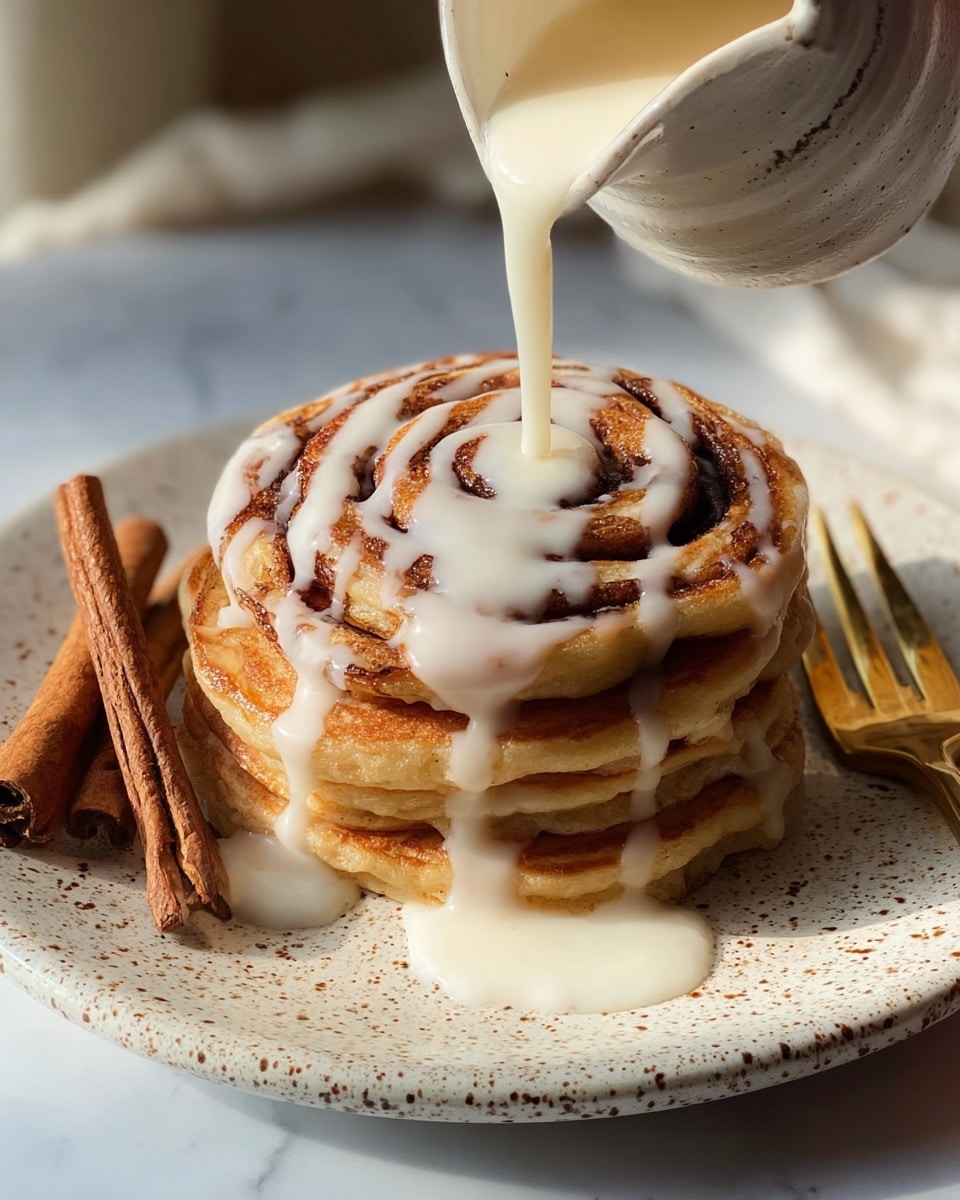 A stack of four cinnamon swirl pancakes sits on a white plate with small brown speckles. The top pancake has dark brown cinnamon spiral lines and a rich golden surface. Thick white icing is being poured over the stack from a white jug above, flowing down the sides and pooling slightly on the plate. Two cinnamon sticks rest on the left side of the plate, and a gold fork and knife are placed on the right edge. The plate is on a white marbled surface with soft natural light coming from the side, casting gentle shadows. Photo taken with an iphone --ar 4:5 --v 7