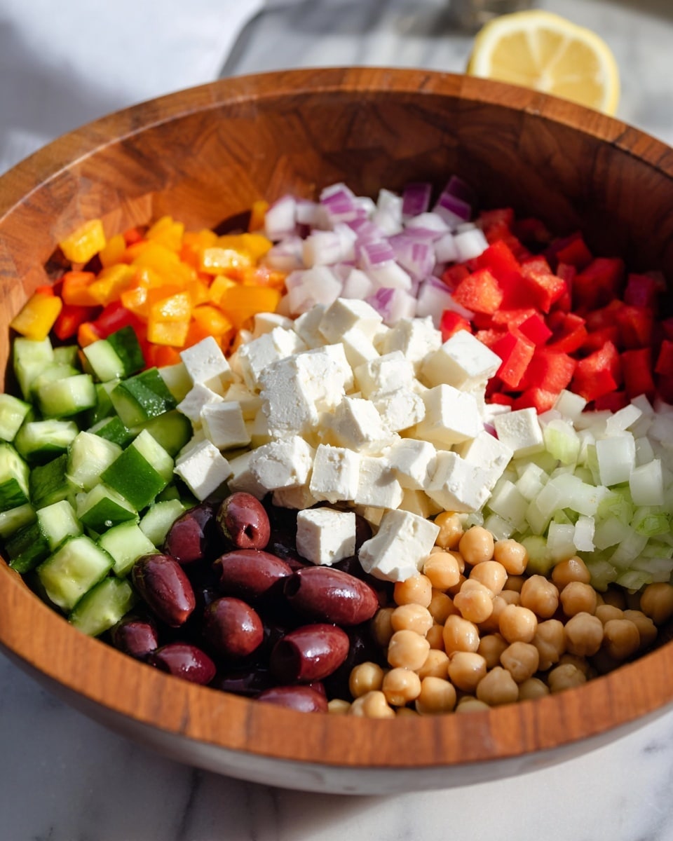 A wooden bowl holds a colorful layered salad, with green cucumber cubes on the left, bright red and orange chopped bell peppers in the top right, and pale chopped shallots just below them. In the center, there is a pile of white feta cheese cubes. Below the feta and towards the bottom left, there are dark purple sliced olives, and to the right of them, light brown chickpeas fill the bottom right section of the bowl. The bowl is set on a white marbled surface with a slice of lemon in the background. photo taken with an iphone --ar 4:5 --v 7