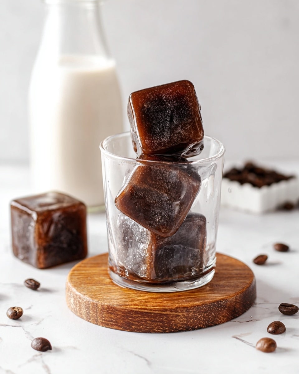 A clear glass holds four large, dark brown coffee ice cubes stacked unevenly inside. The glass sits on a round wooden coaster, placed on a white marbled surface. In the background to the left, there is a tall glass bottle filled with milk, slightly blurred, and a small white dish with dark coffee beans next to it. More coffee beans are scattered on the surface around the glass. The lighting is soft and natural, highlighting the texture of the ice cubes and the smooth glass. photo taken with an iphone --ar 4:5 --v 7