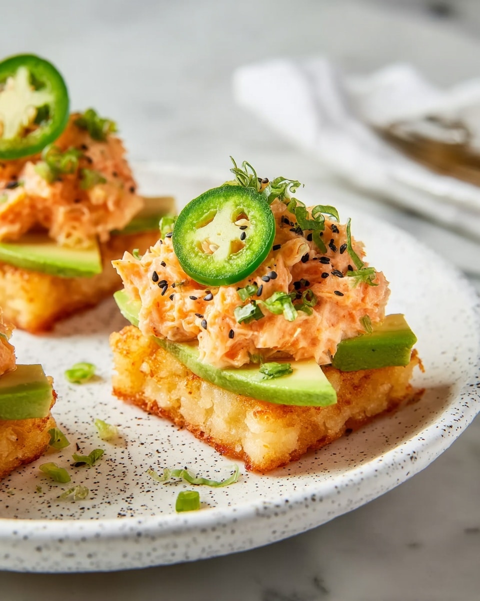 The dish shows small square-shaped crispy golden brown rice cakes as the base layer, topped with thin slices of green avocado arranged neatly, then a scoop of creamy orange seafood mixture with small bits visible, garnished with small green chopped herbs and black sesame seeds, and finished with a thin round slice of bright green jalapeño on top, all served on a white plate with small dark speckles, placed on a white marbled surface. photo taken with an iphone --ar 4:5 --v 7