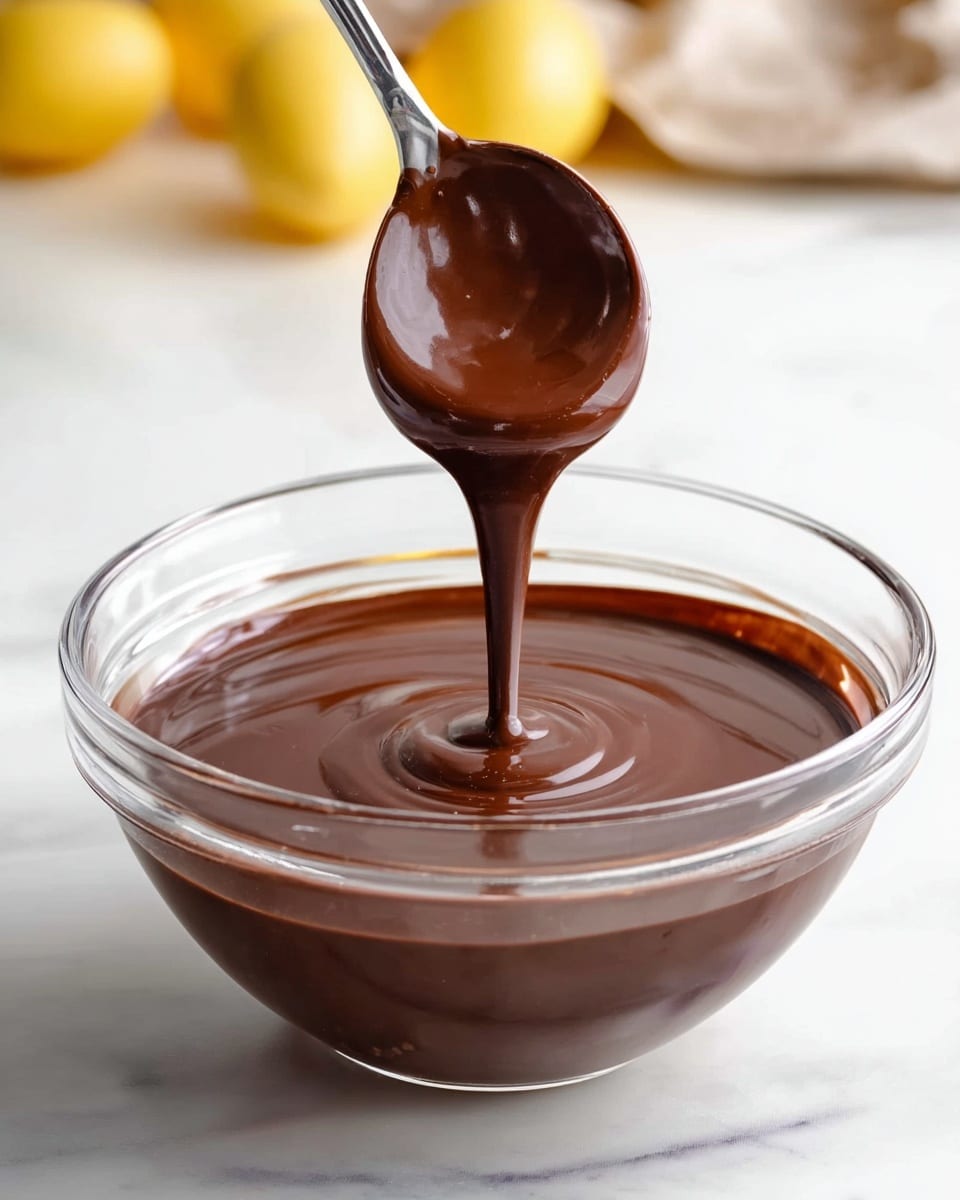 A clear glass bowl with rich, smooth melted chocolate inside, dark brown in color with a glossy surface. Above the bowl, a silver spoon drips thick, shiny chocolate back into the bowl, creating ripples on the surface below. The bowl is set on a white marbled surface with soft, blurred yellow objects in the background. photo taken with an iphone --ar 4:5 --v 7