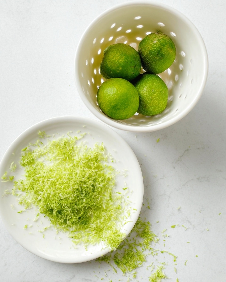 The image shows a simple arrangement of fresh green ingredients on a white marbled surface. There is a white cup with holes holding four peeled, whole green fruits with a slightly rough texture. Next to it, a white plate holds a scattered pile of finely grated green zest, bright and fresh in color, spread thinly across the plate. The overall scene is clean and minimalistic with a focus on the fresh green tones and white containers. photo taken with an iphone --ar 4:5 --v 7