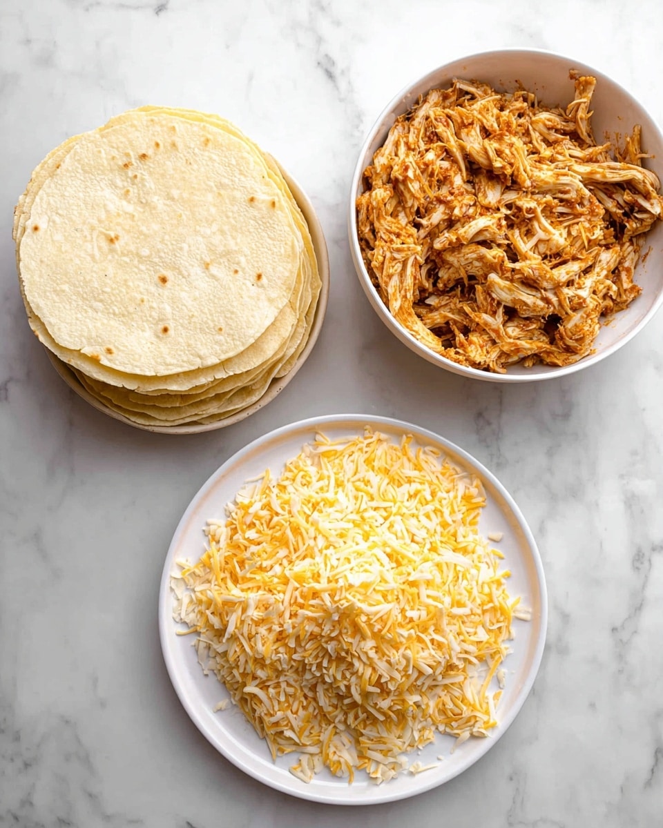 The image shows three white dishes placed on a white marbled surface. On the top left, there is a stack of soft, pale yellow corn tortillas arranged neatly in a shallow bowl. On the top right, a white bowl holds a large amount of shredded chicken mixed with a reddish-brown sauce. At the bottom, a white plate is filled with finely shredded yellow and white cheese, spread evenly across the plate. The colors contrast well against the smooth white marbled surface, emphasizing the textures of the tortillas, chicken, and cheese. photo taken with an iphone --ar 4:5 --v 7