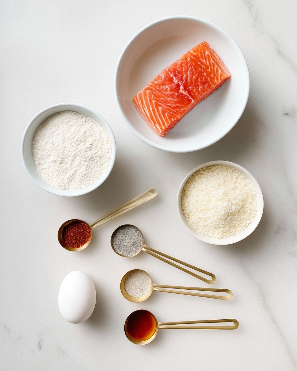 A white bowl at the top holds a single piece of raw salmon with visible light pink and orange stripes, placed flat inside. Below it, a smaller white bowl filled with fine white powder, likely flour, is positioned on the left, while a similar small white bowl with coarse white crumbs, probably panko, is on the bottom right. Between these bowls are four gold measuring spoons laid out in a horizontal line from left to right, each filled with a different spice or liquid: a grayish powder, a red powder, a light brown powder, and a dark amber liquid. Near the lower left corner sits one white egg, completing the set of ingredients. The arrangement is on a white marbled surface with soft natural light, giving a clean, fresh look. photo taken with an iphone --ar 4:5 --v 7