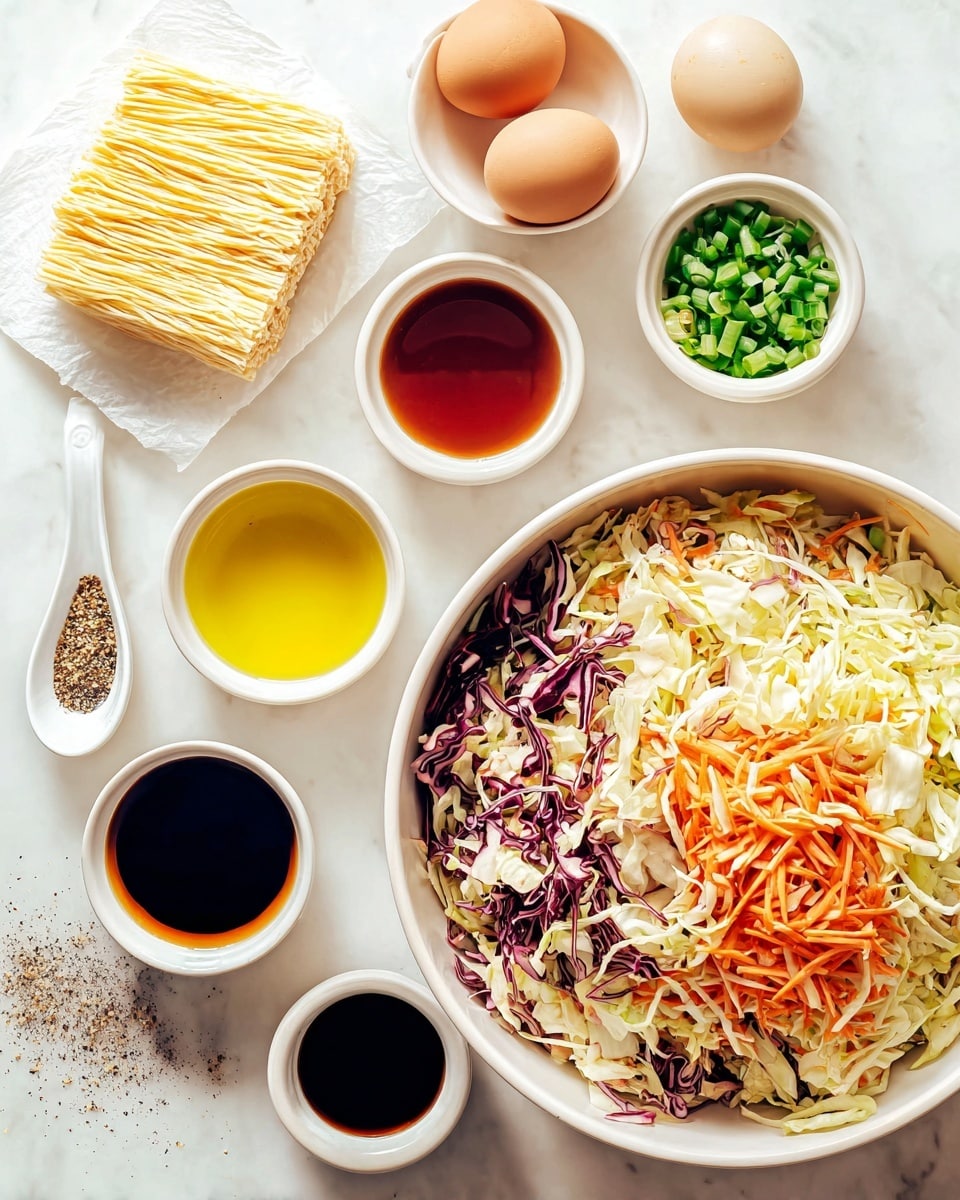 A white bowl filled with a mix of shredded white and purple cabbage and thin orange carrot strips, showing a colorful salad base at the center right, surrounded by several small white bowls: one with light brown and white whole eggs, one with bright green chopped spring onions, one with black and white ground spices, and three small bowls containing yellow oil, dark soy sauce, reddish sauce, and honey respectively. On the left side, there is a square block of uncooked pale yellow noodles on a white parchment, and a small white spoon with ground black pepper spilled nearby, all placed on a white marbled surface photo taken with an iphone --ar 4:5 --v 7