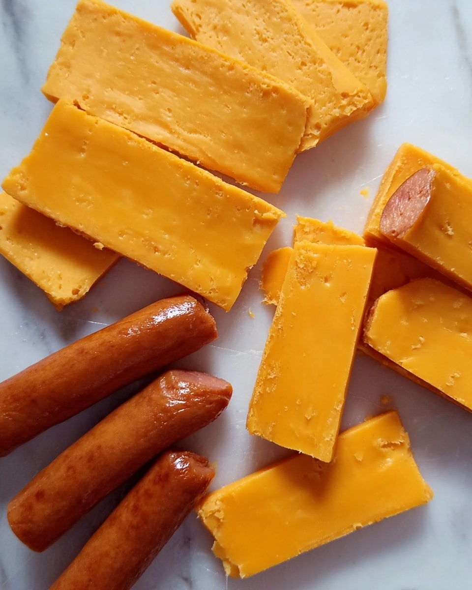 The image shows a close-up of several pieces of cheddar cheese and cooked sausages on a white marbled surface. There are five slices of bright orange cheddar cheese with a smooth and slightly crumbly texture arranged in a scattered manner at the top of the image. Below the cheese, there are four shiny, brown sausages with a smooth surface, two of which are cut into smaller pieces, showing the inside texture. The colors contrast well against the white marbled background. photo taken with an iphone --ar 4:5 --v 7