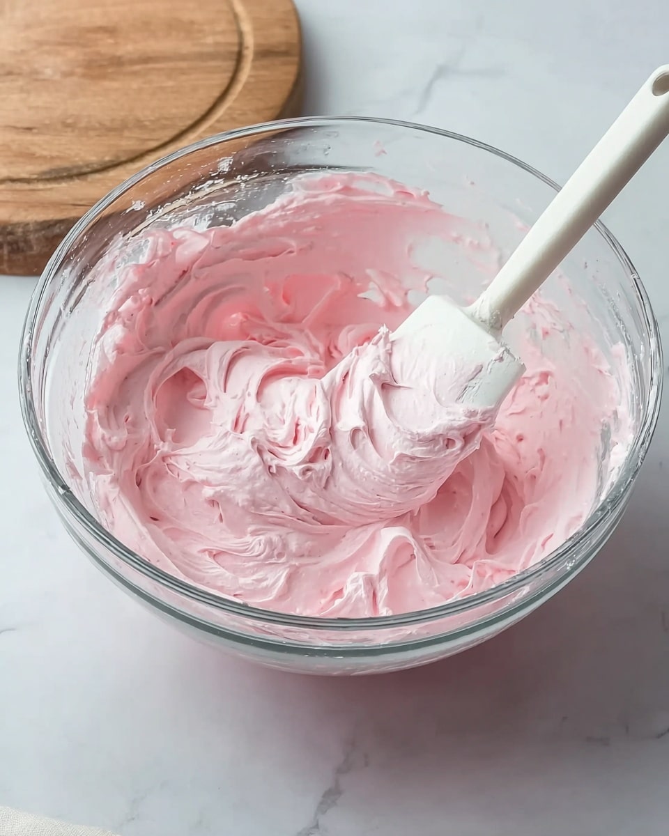 A clear glass mixing bowl contains light pink whipped cream with a smooth and fluffy texture. A white spatula rests inside the bowl, partially covered in the pink whipped cream. The whipped cream has soft peaks and swirls showing some light airiness. The bowl is positioned on a white marbled surface with part of a round wooden cutting board visible in the top left corner. photo taken with an iphone --ar 4:5 --v 7