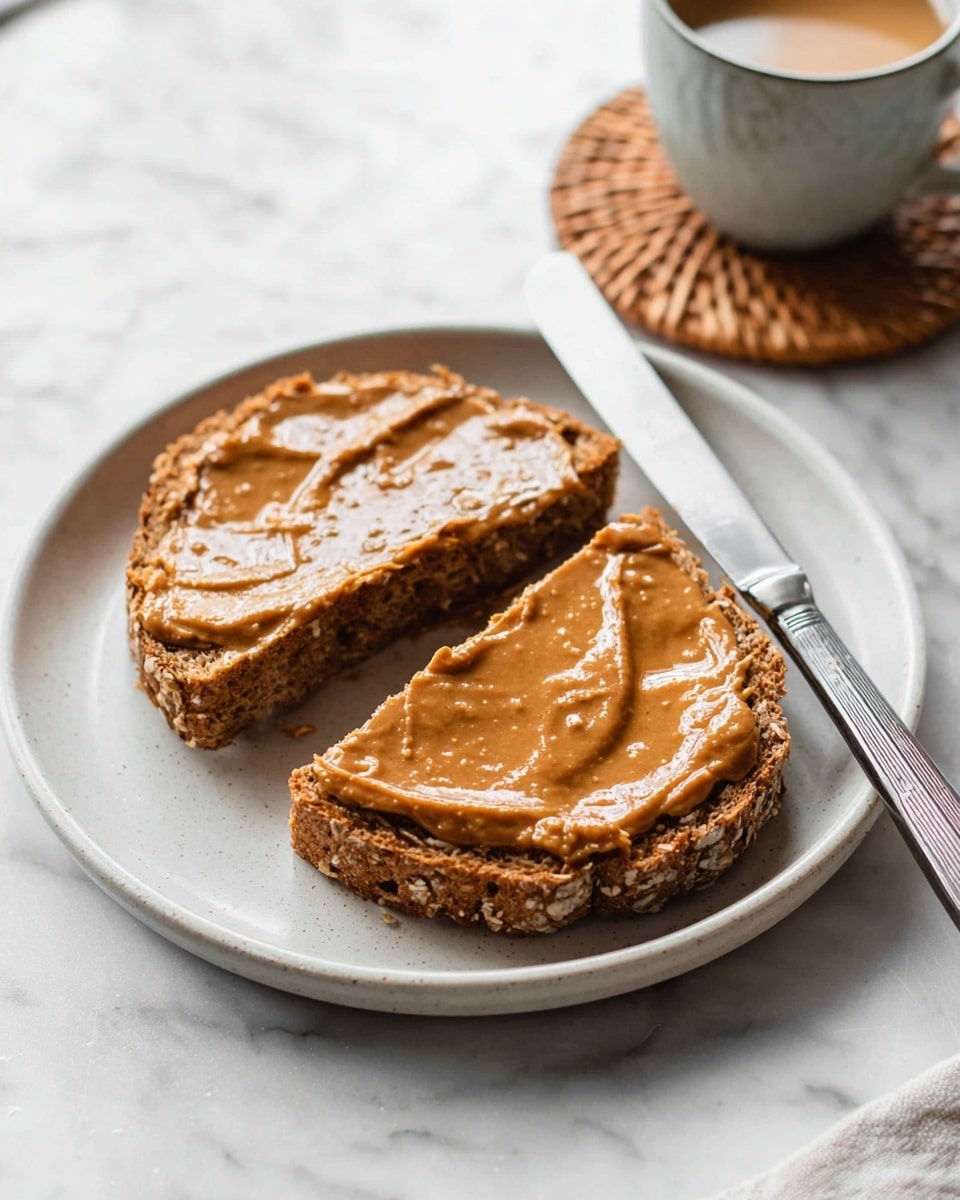 Two slices of brown multigrain bread are placed on a simple white round plate. Each slice is thickly spread with a shiny layer of light brown nut butter that has a slightly textured surface. The plate sits on a white marbled surface. A silver knife rests on the right edge of the plate, leaning against it. In the background, there is a small cup with a light-colored liquid sitting on a round braided coaster, all on the same white marbled surface. Photo taken with an iphone --ar 4:5 --v 7