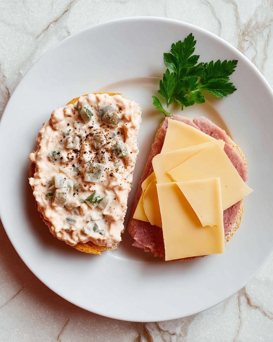 The white plate holds an open sandwich with two halves: the left half is topped with a thick layer of light pink creamy spread mixed with small green and brown bits, sprinkled with black pepper; the right half has a layer of thinly sliced pink meat topped by two square slices of pale yellow cheese, with a few green parsley leaves placed beside the sandwich. The background is a white marbled texture. Photo taken with an iphone --ar 4:5 --v 7